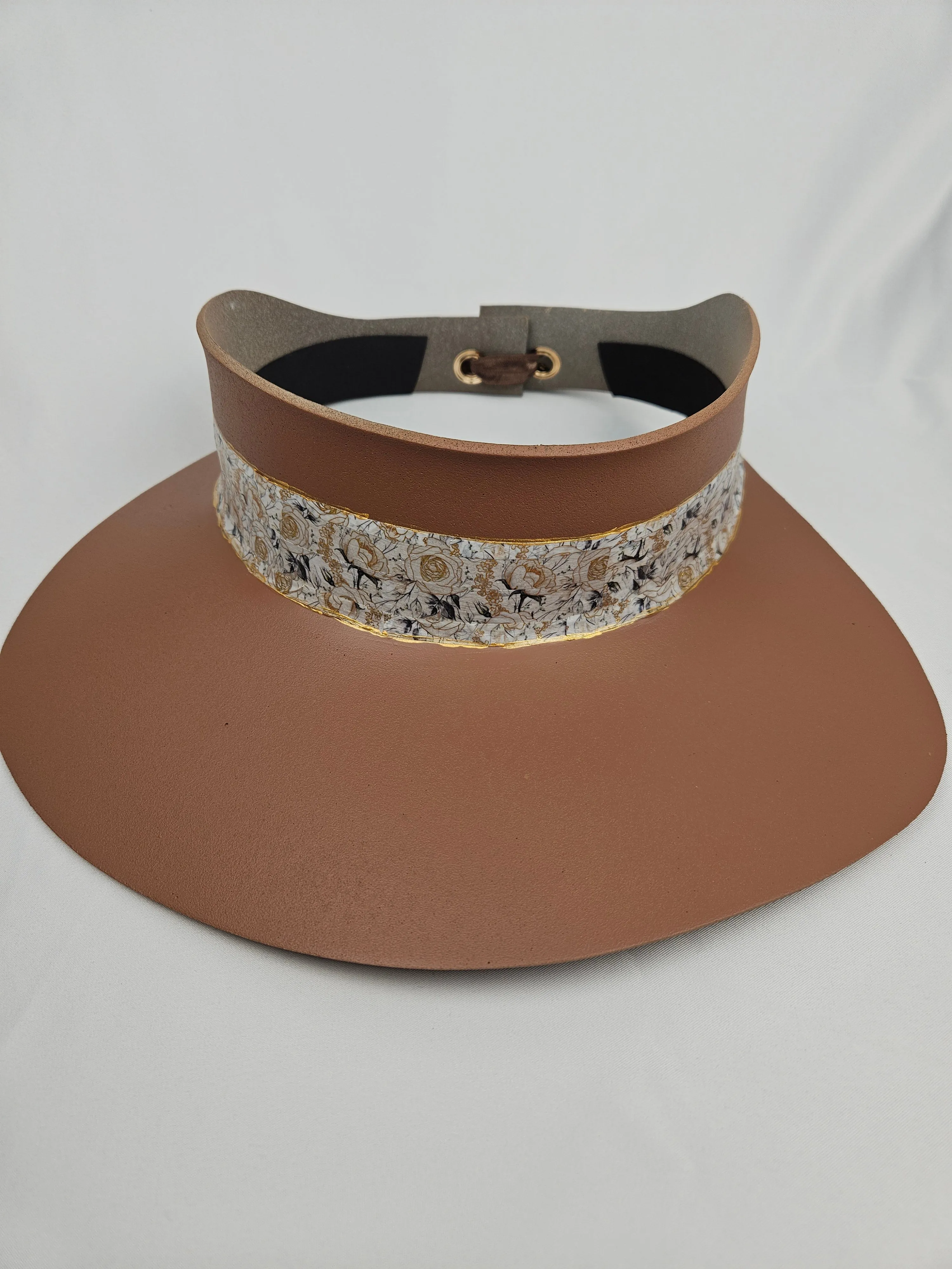 Brown "LadyEVA" Visor Hat with White and Gold Floral Band
