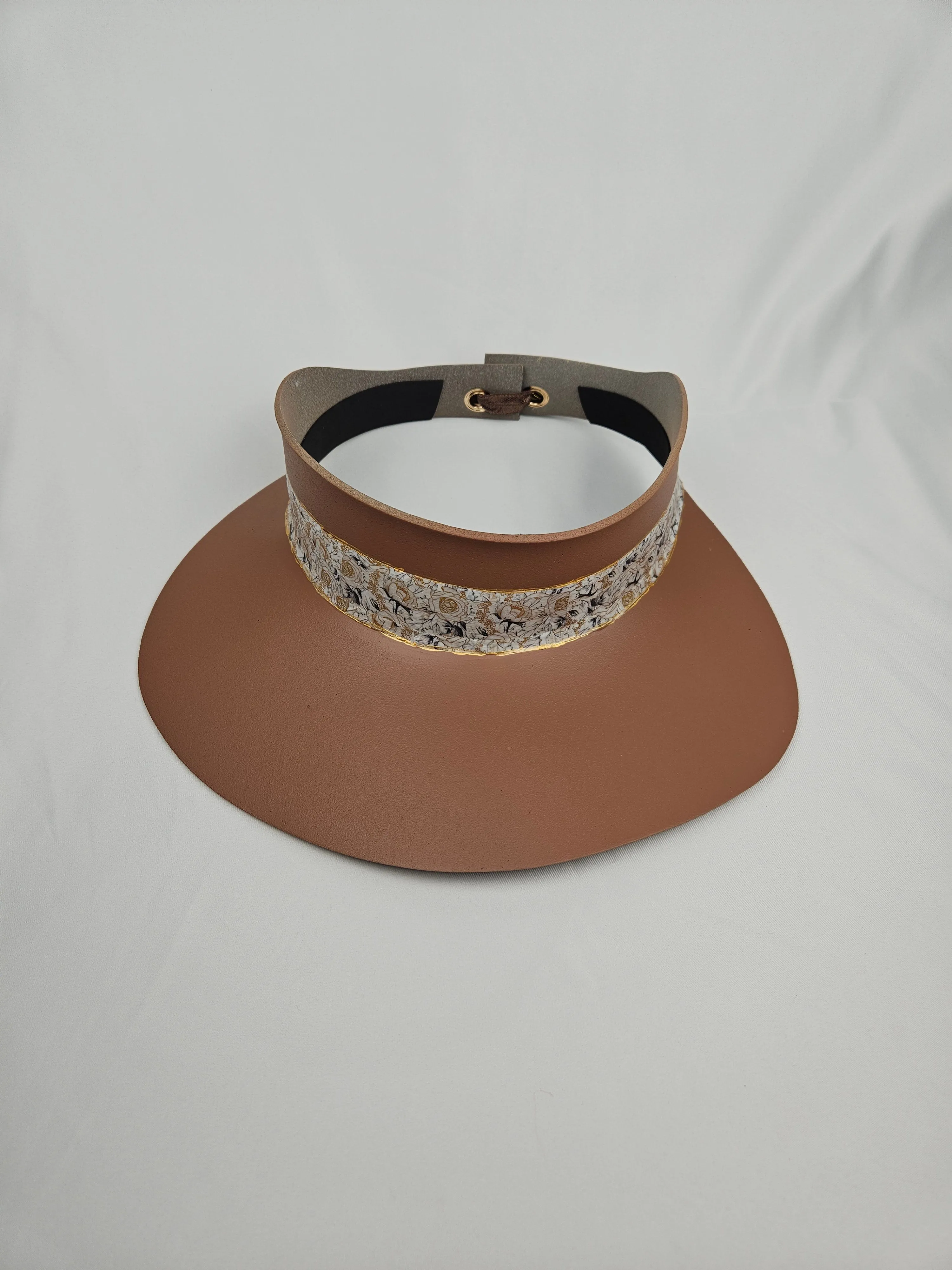 Brown "LadyEVA" Visor Hat with White and Gold Floral Band