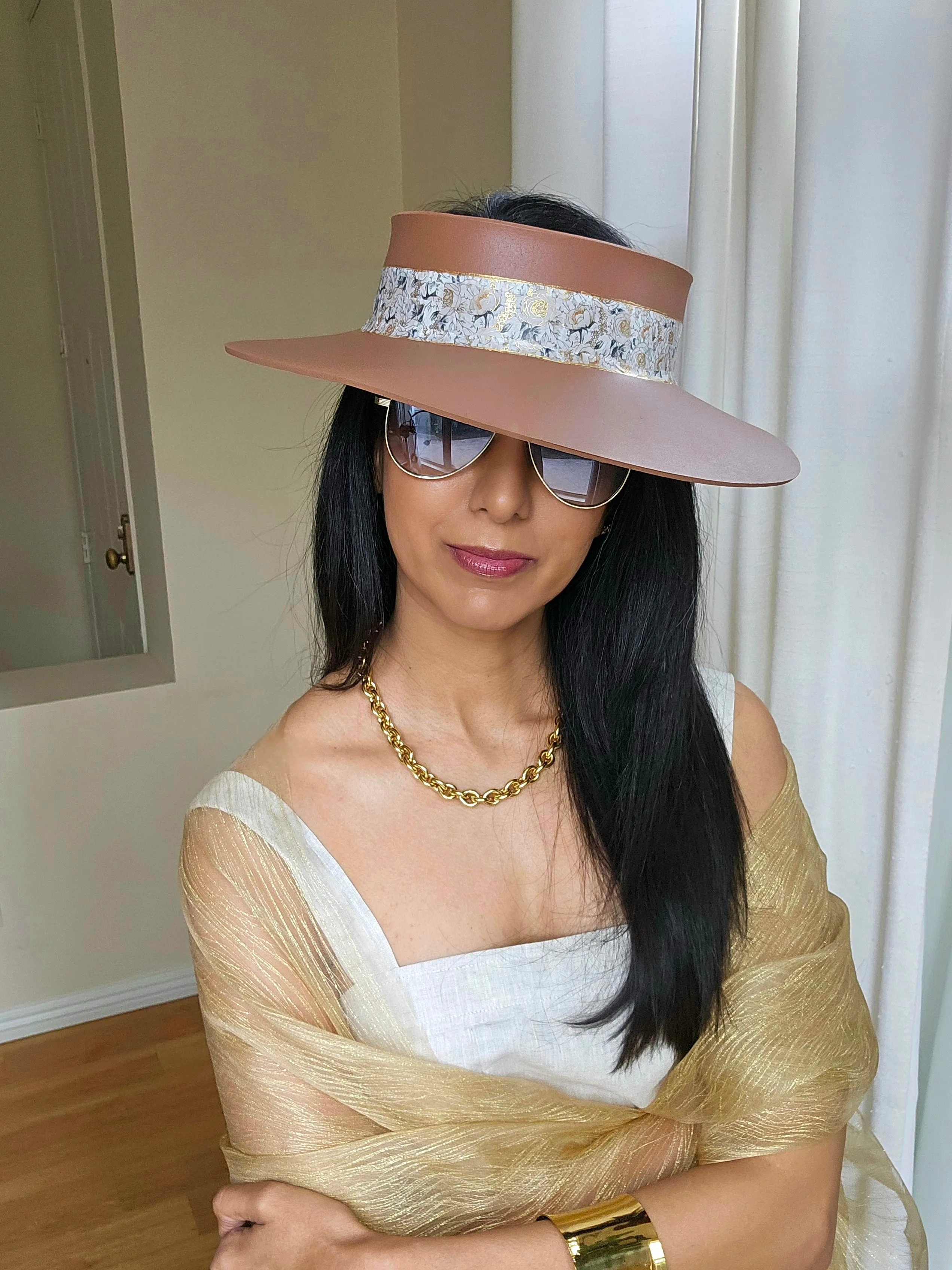 Brown "LadyEVA" Visor Hat with White and Gold Floral Band