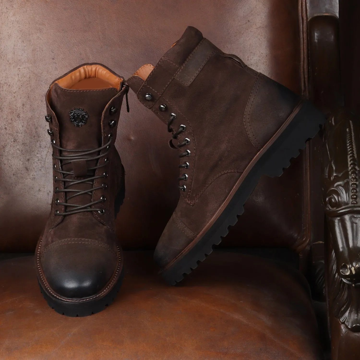 Dark Brown High Neck Biker Boot in Suede Leather Toe and Heal Cap by Brune & Bareskin
