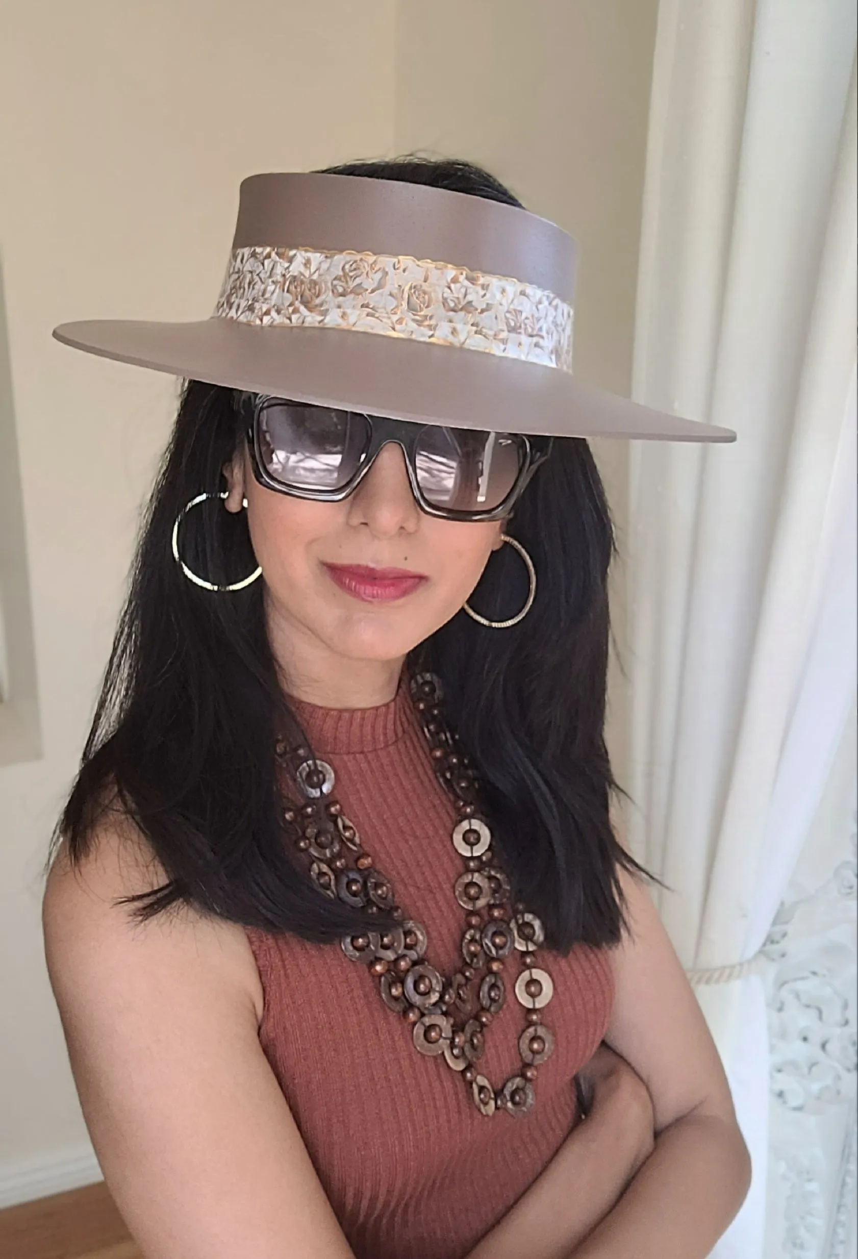 Dark Taupe "LadyEVA" Visor Hat with Golden Floral Band