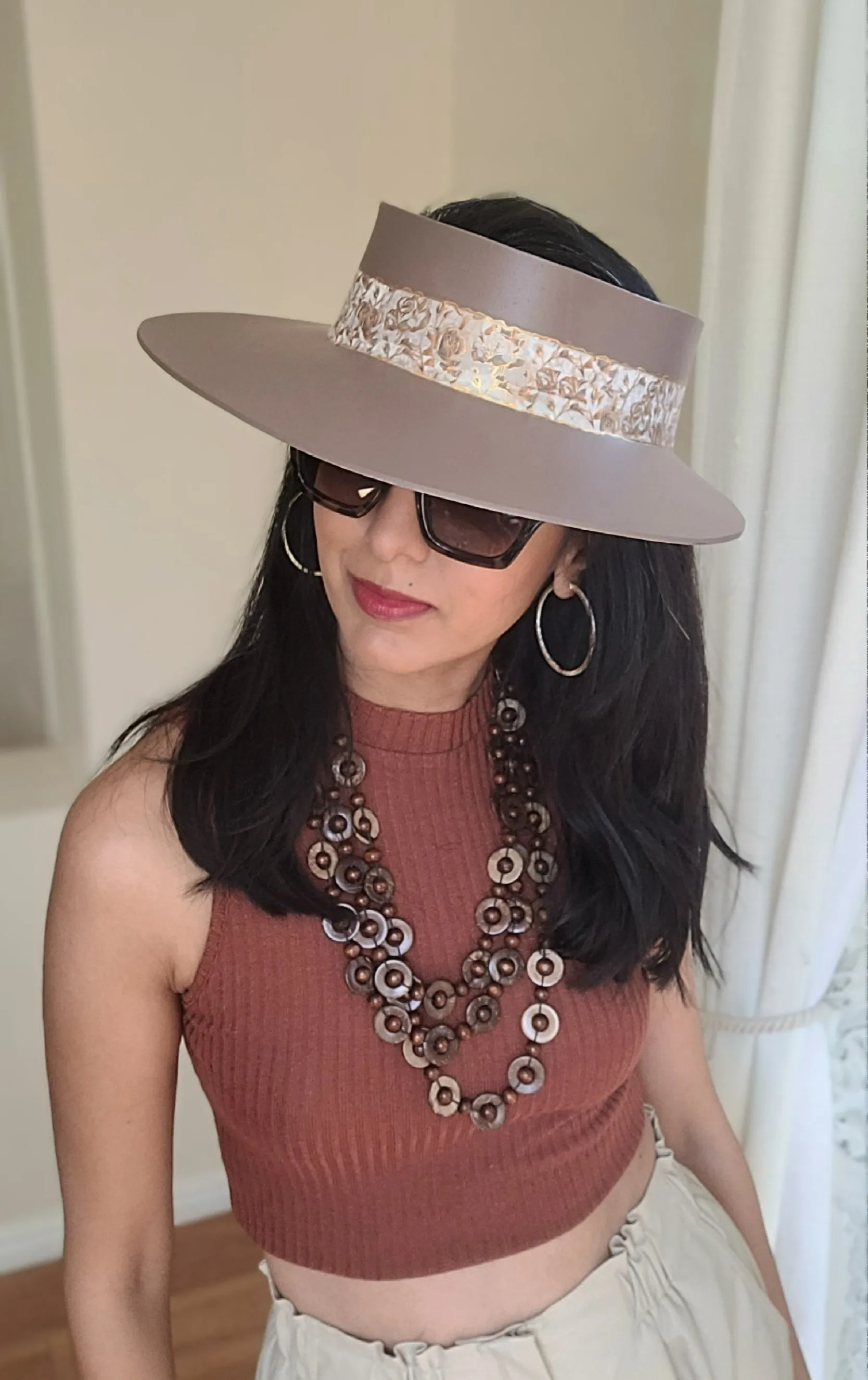 Dark Taupe "LadyEVA" Visor Hat with Golden Floral Band