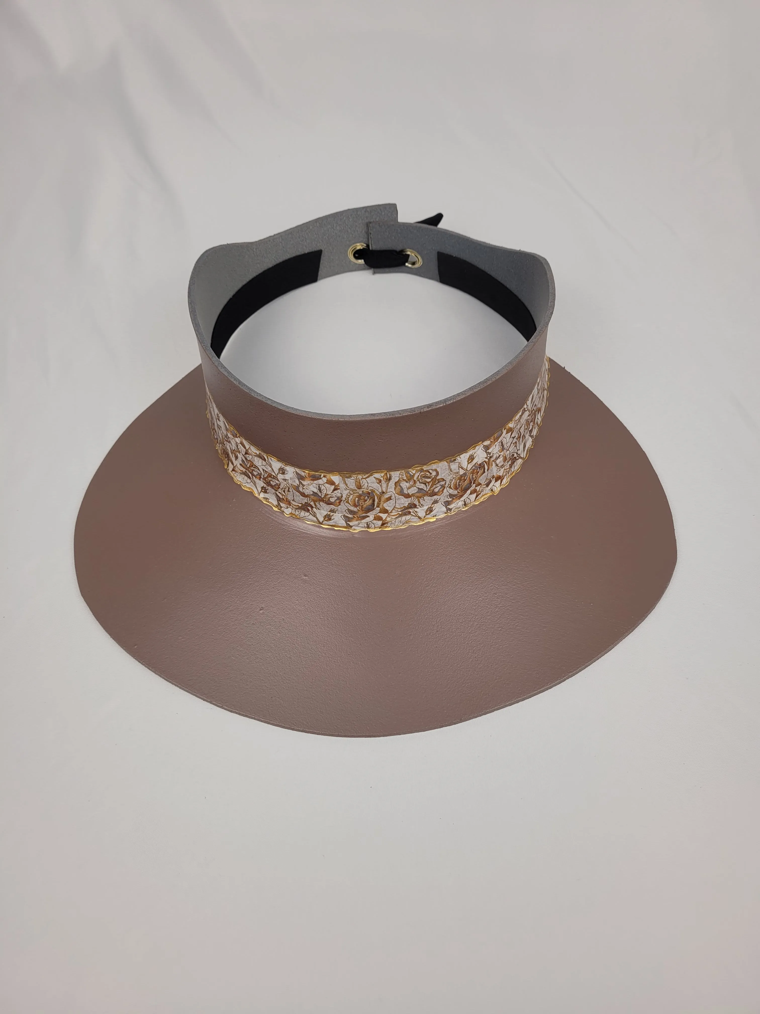 Dark Taupe "LadyEVA" Visor Hat with Golden Floral Band