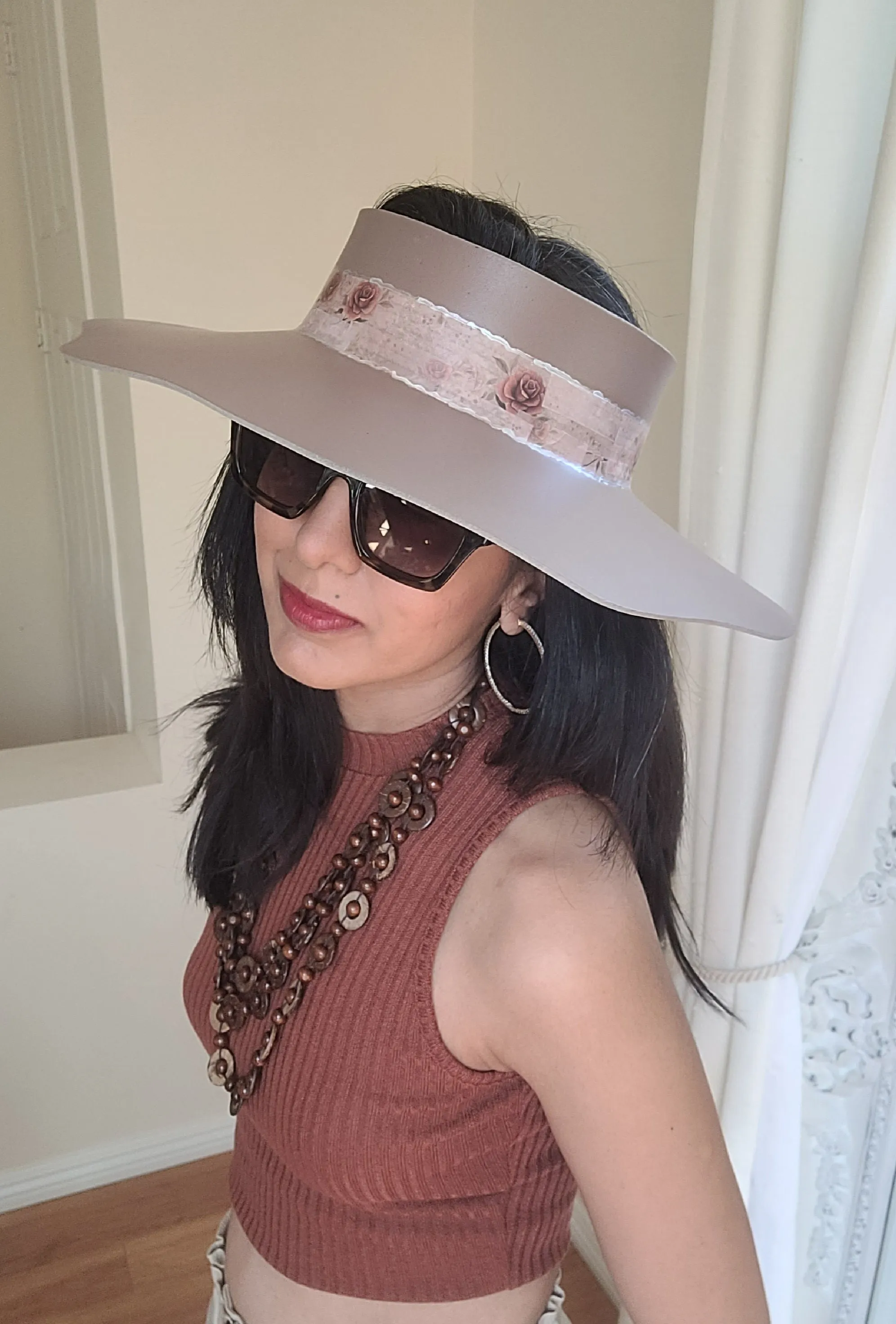 Elegant Darker Taupe Lotus Sun Visor Hat with Classy Burgundy Floral Band and Silver Accents