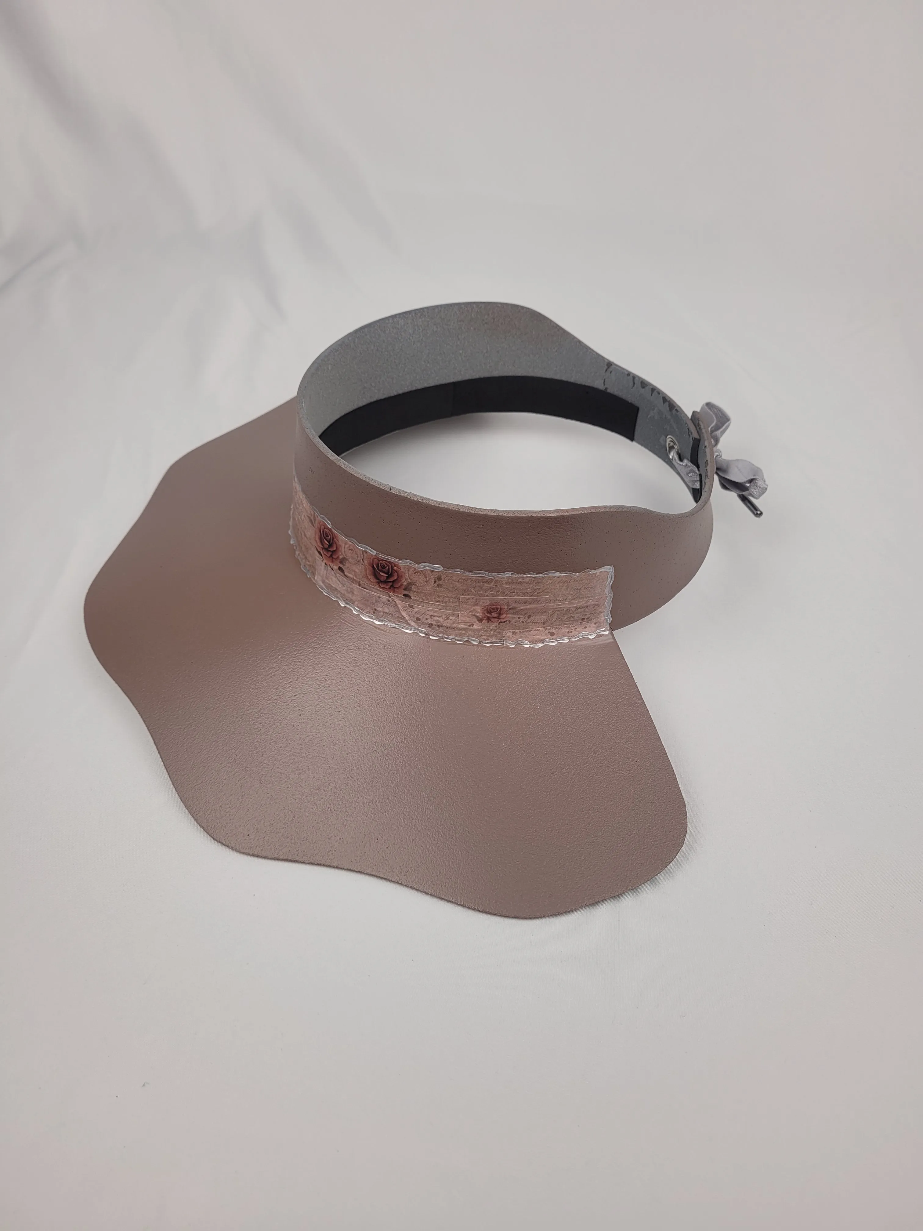 Elegant Darker Taupe Lotus Sun Visor Hat with Classy Burgundy Floral Band and Silver Accents