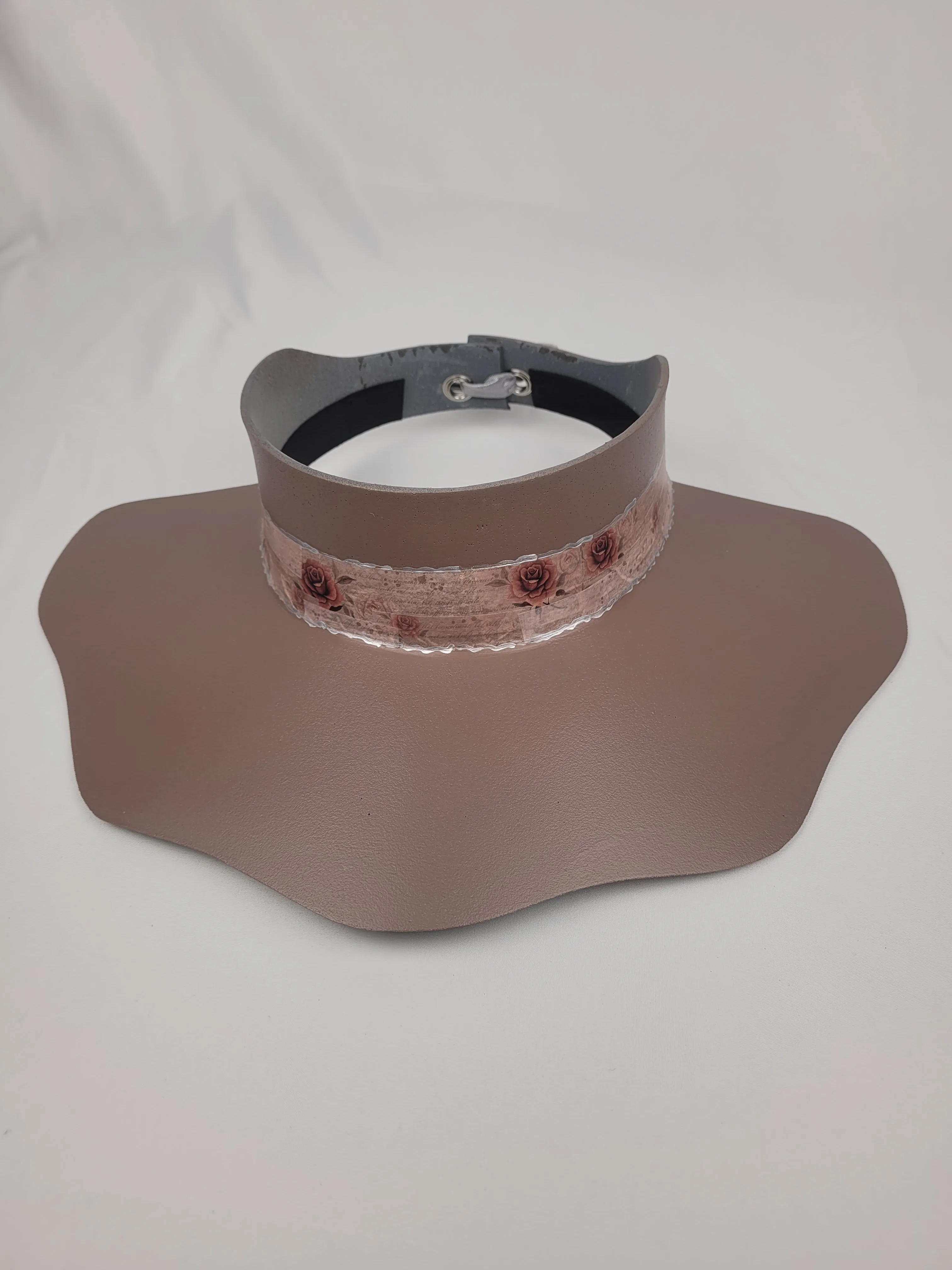 Elegant Darker Taupe Lotus Sun Visor Hat with Classy Burgundy Floral Band and Silver Accents