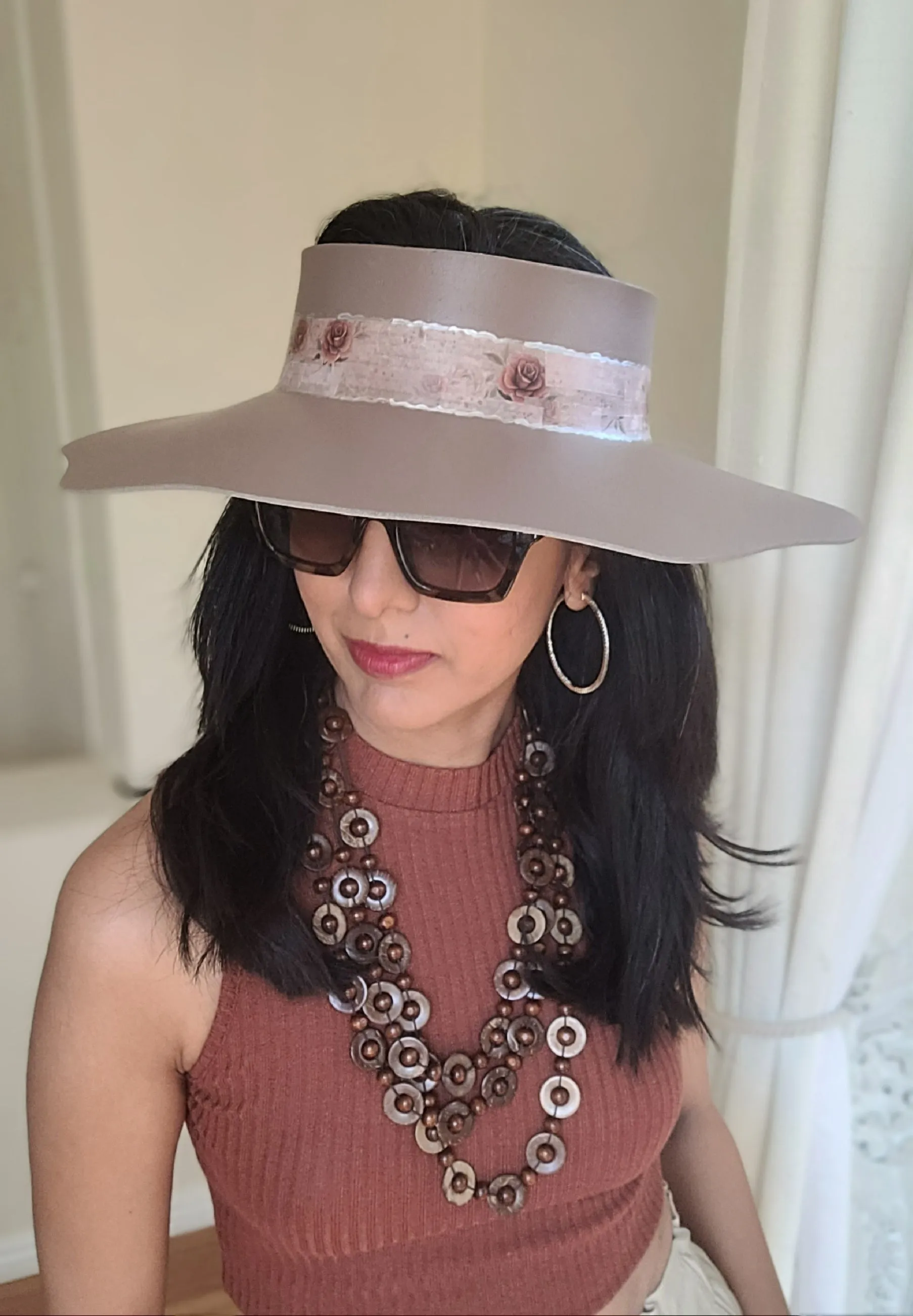 Elegant Darker Taupe Lotus Sun Visor Hat with Classy Burgundy Floral Band and Silver Accents
