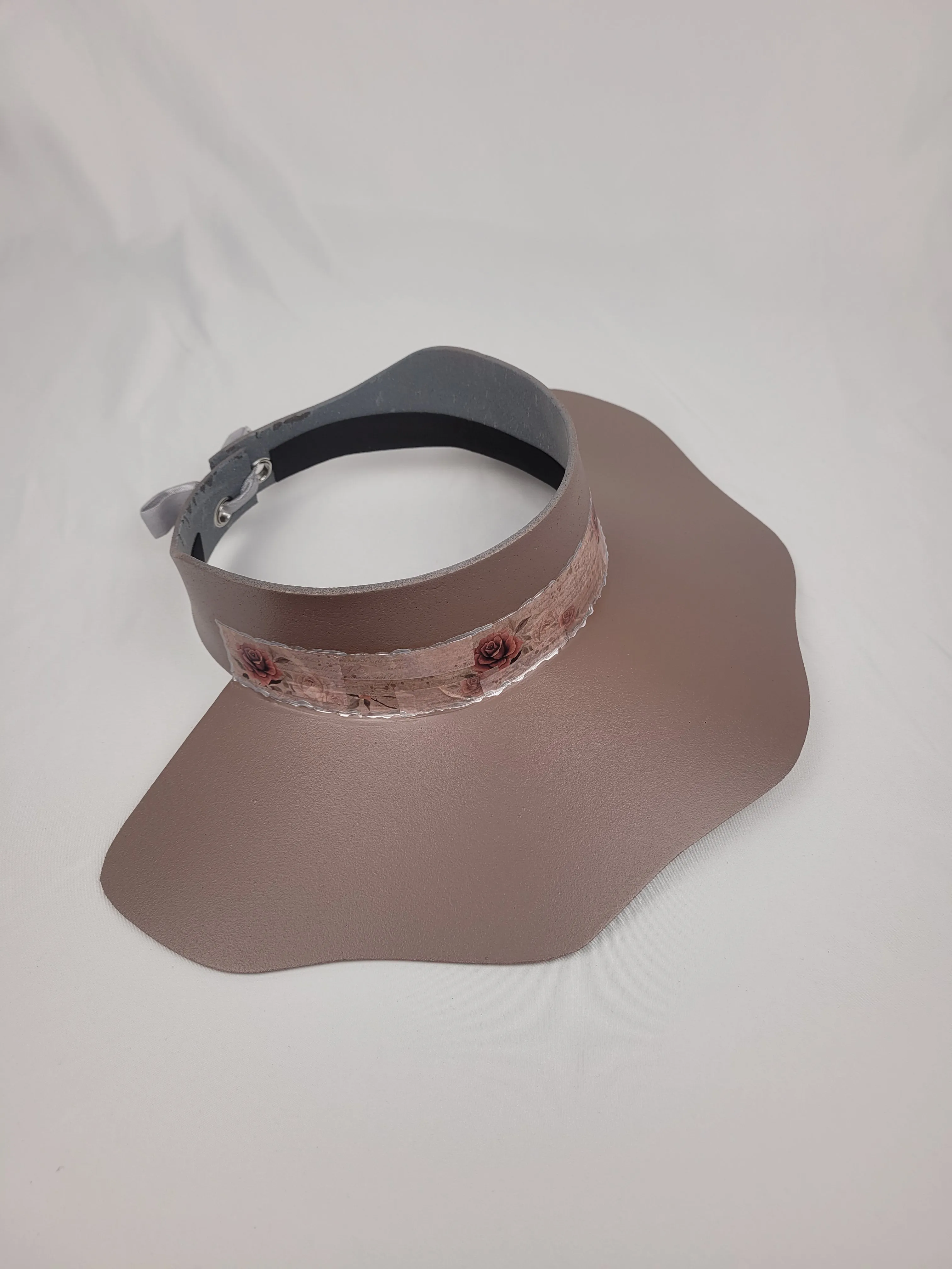 Elegant Darker Taupe Lotus Sun Visor Hat with Classy Burgundy Floral Band and Silver Accents