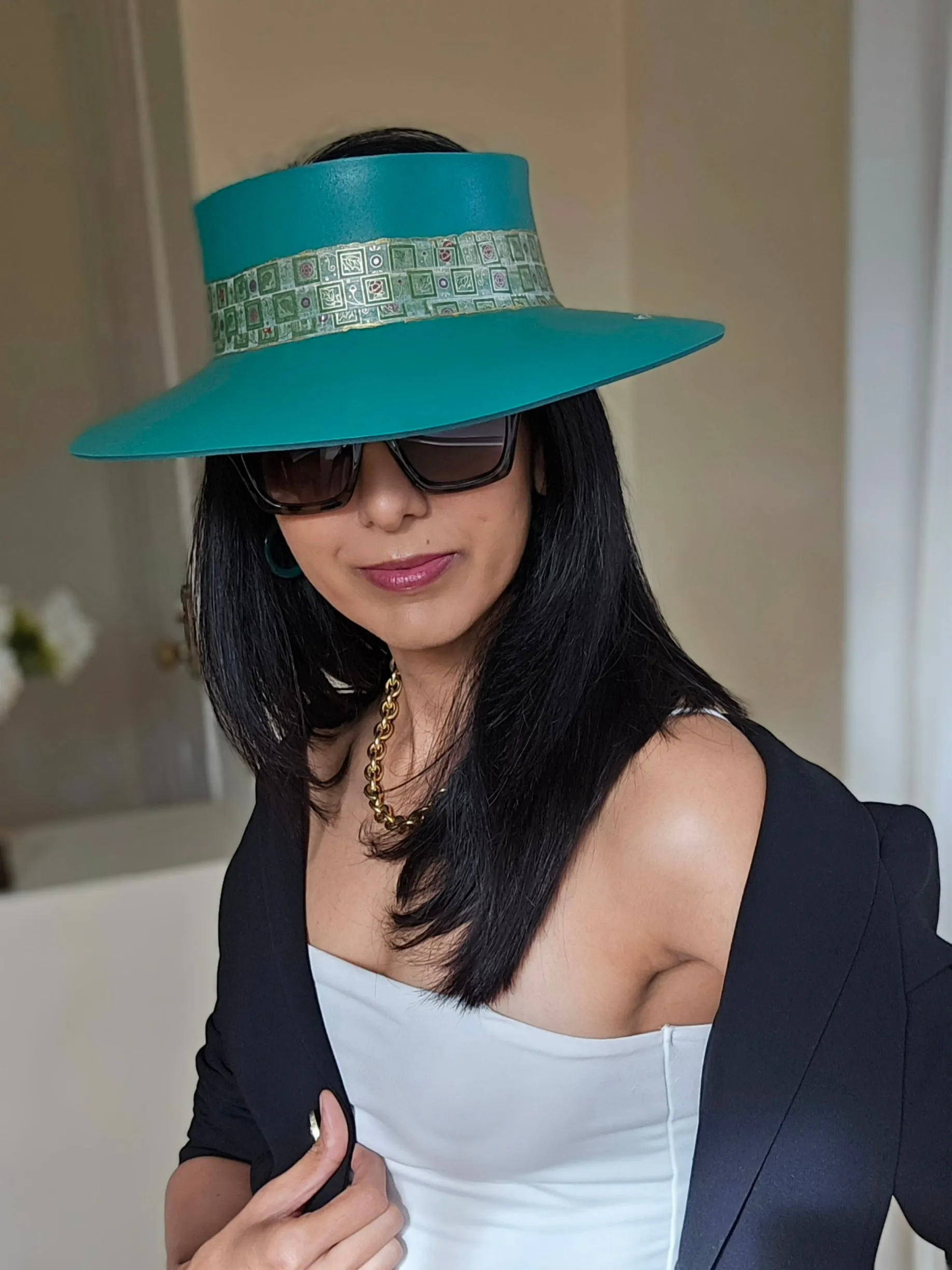 Emerald Green LadyEVA Visor Hat with Golden Band and Handpainted Floral Motif