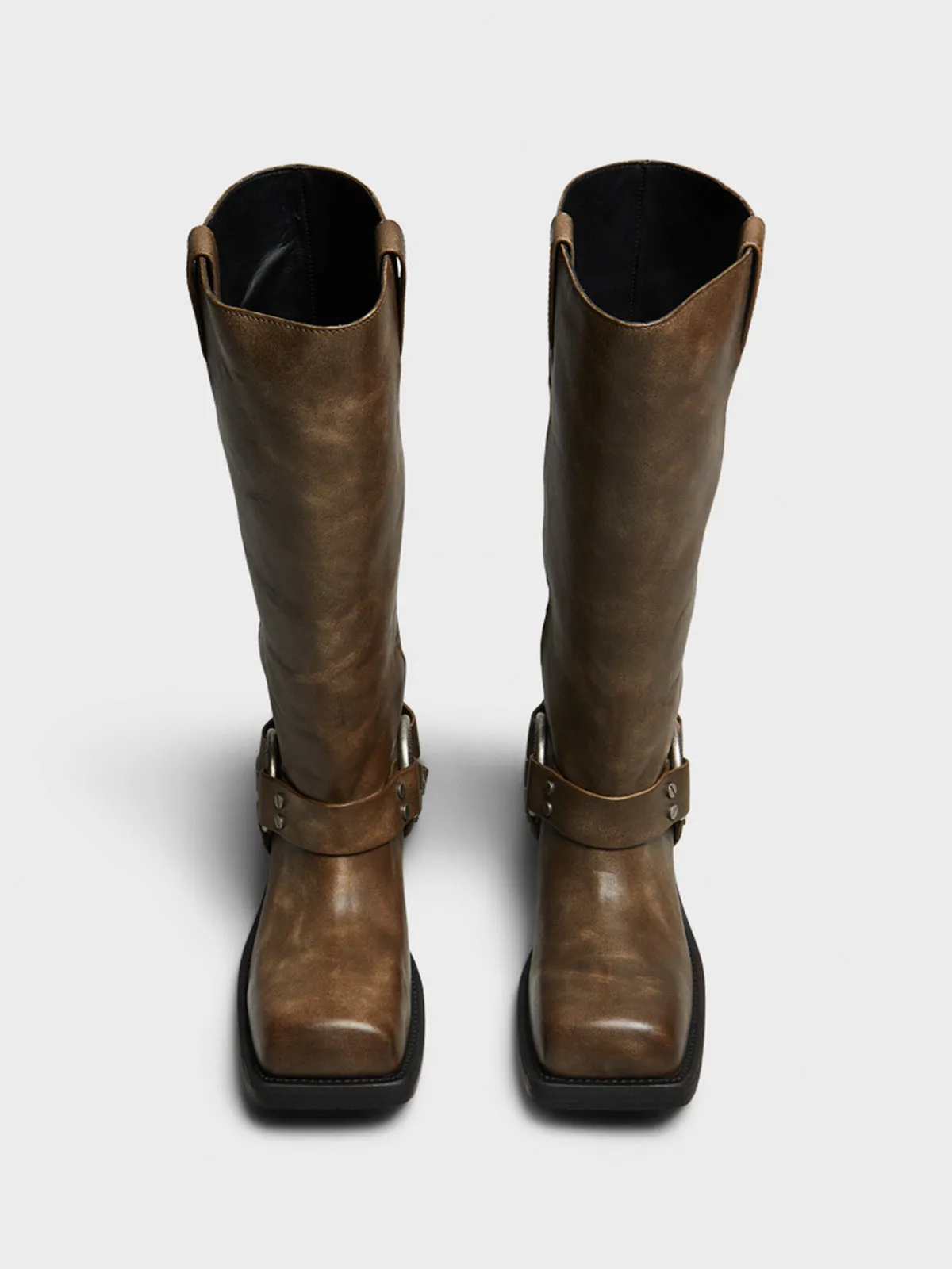 Leather Buckle Boots in Greige