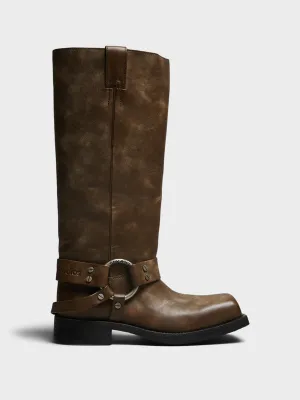 Leather Buckle Boots in Greige