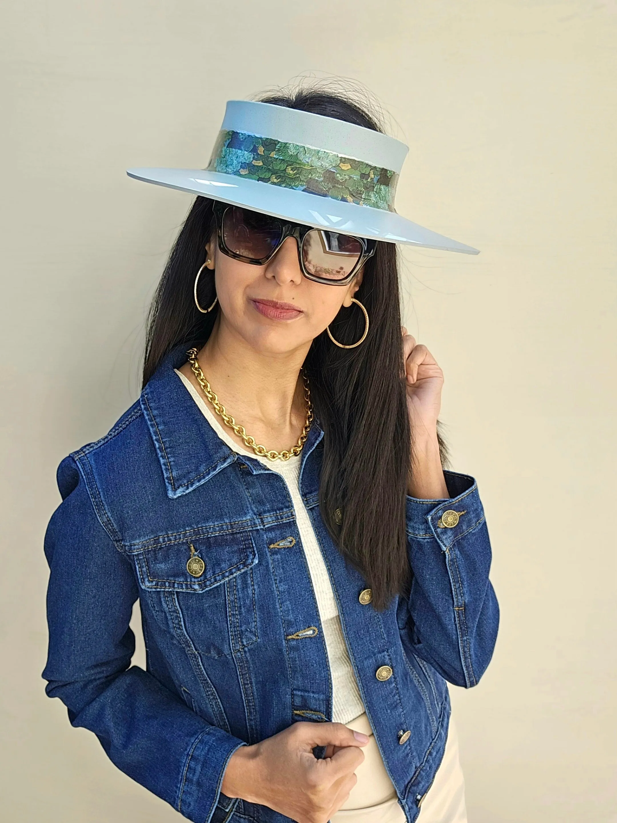 Light Blue "LadyEVA" Visor Hat with Green and Blue Monet Style Band