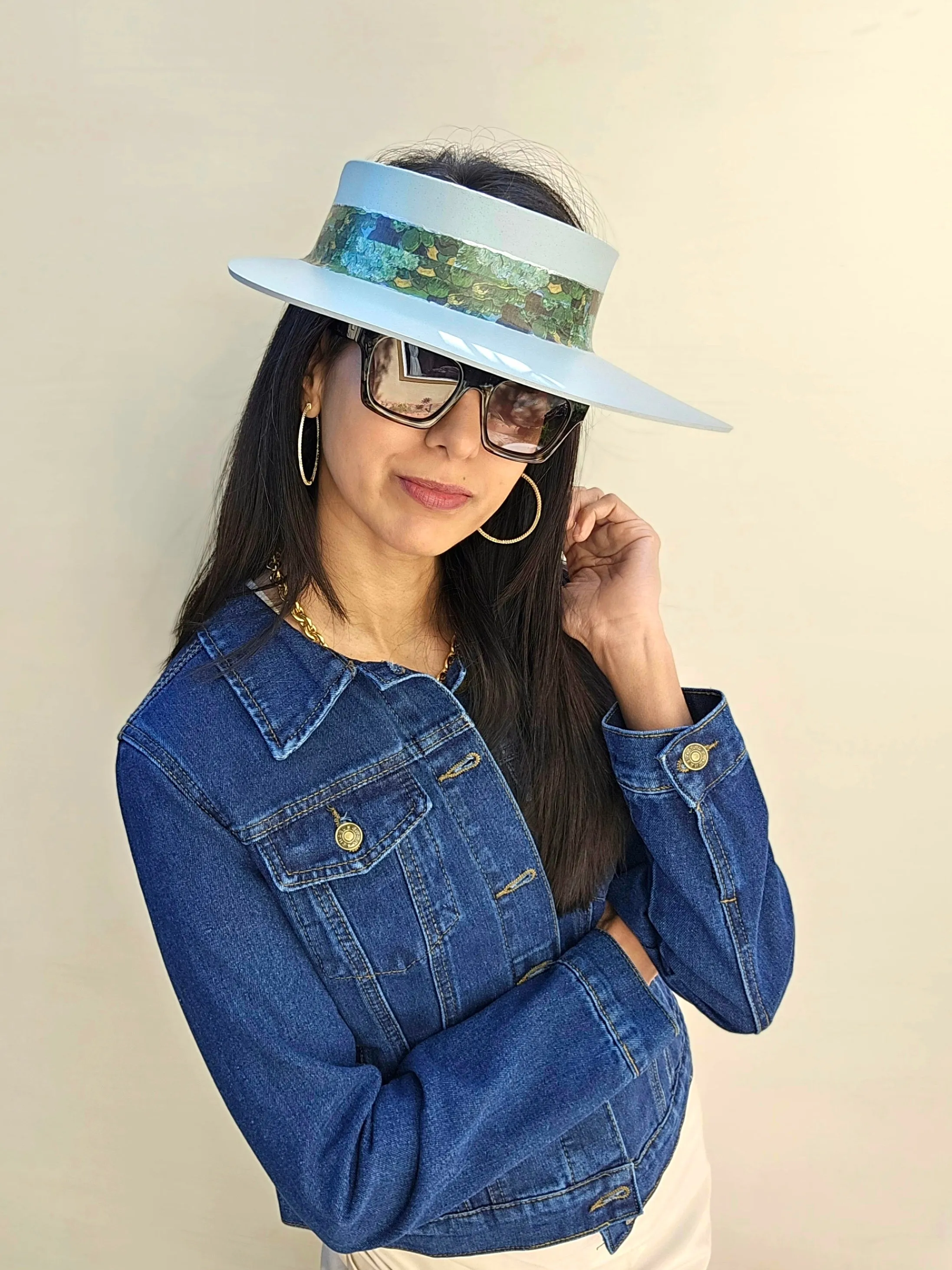 Light Blue "LadyEVA" Visor Hat with Green and Blue Monet Style Band