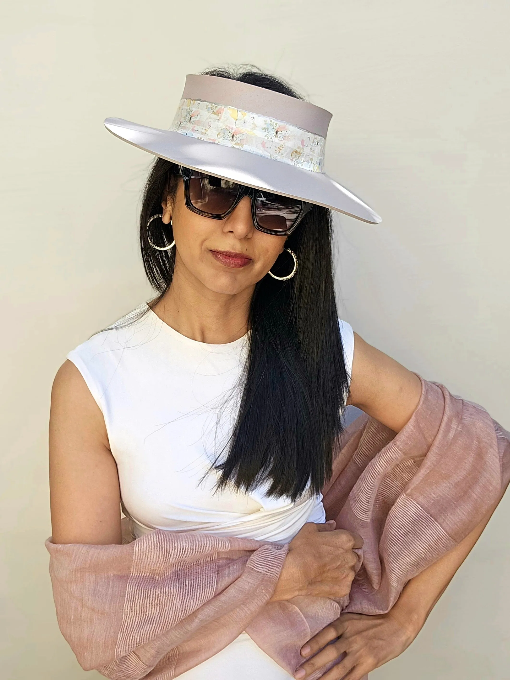 Light Pink "LadyEVA" Visor Hat with Pastel Floral and Butterfly Band