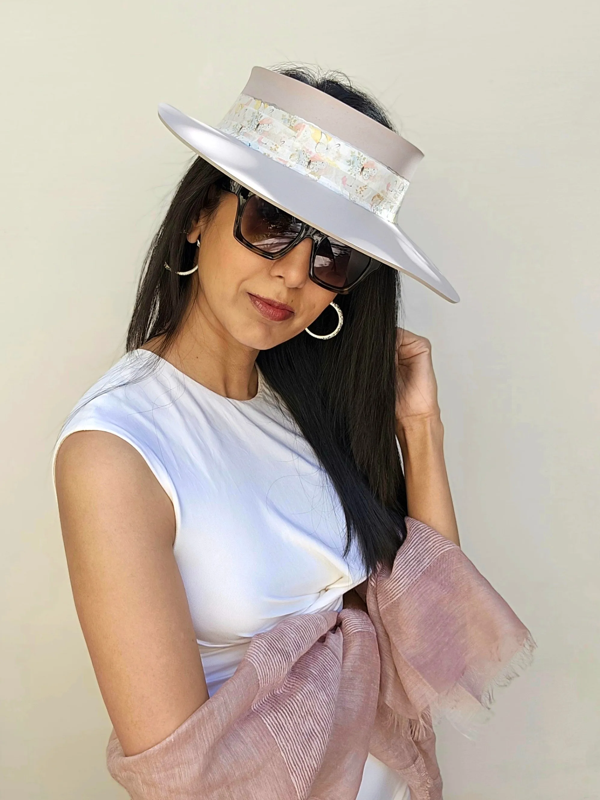 Light Pink "LadyEVA" Visor Hat with Pastel Floral and Butterfly Band