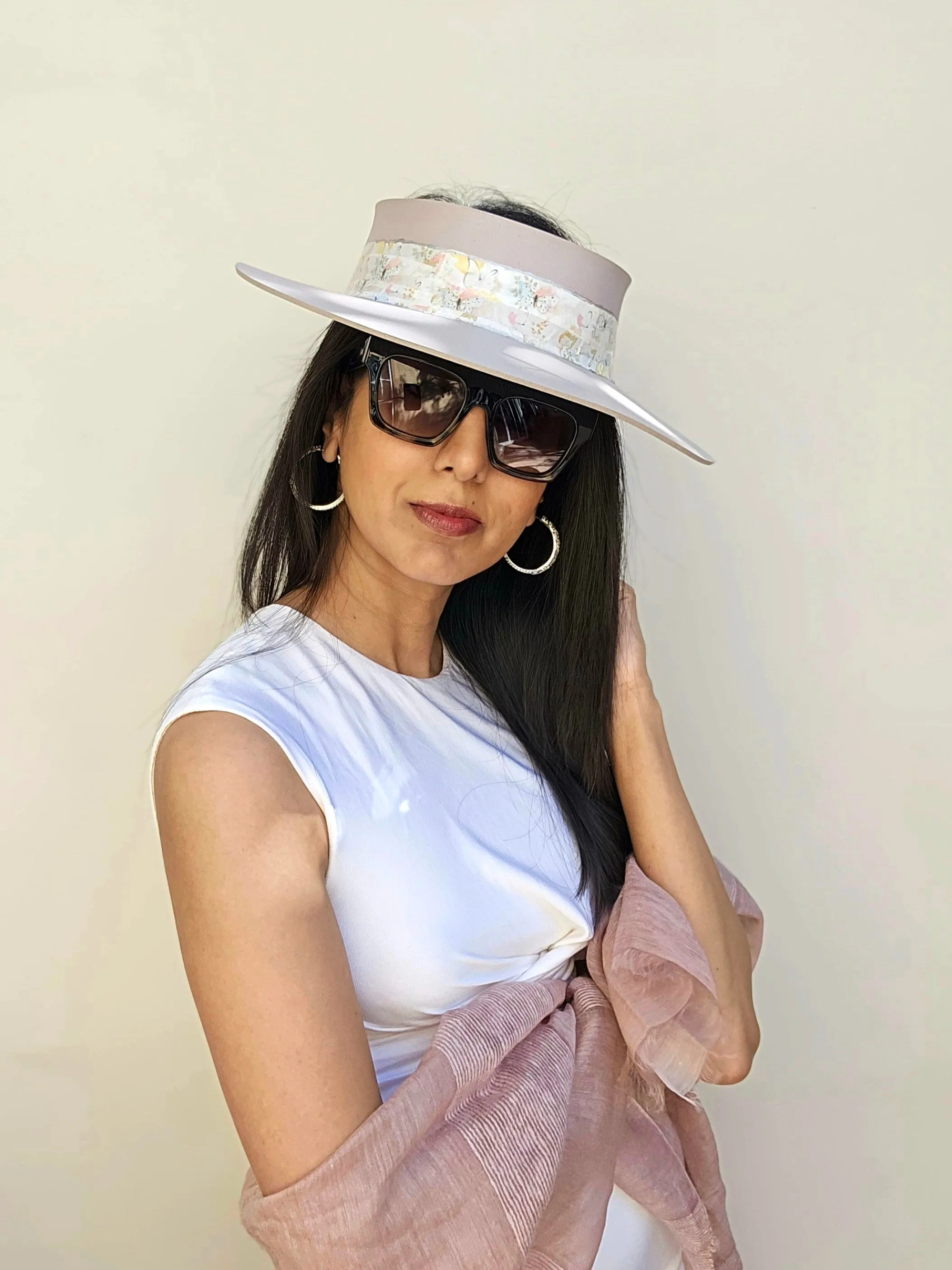 Light Pink "LadyEVA" Visor Hat with Pastel Floral and Butterfly Band