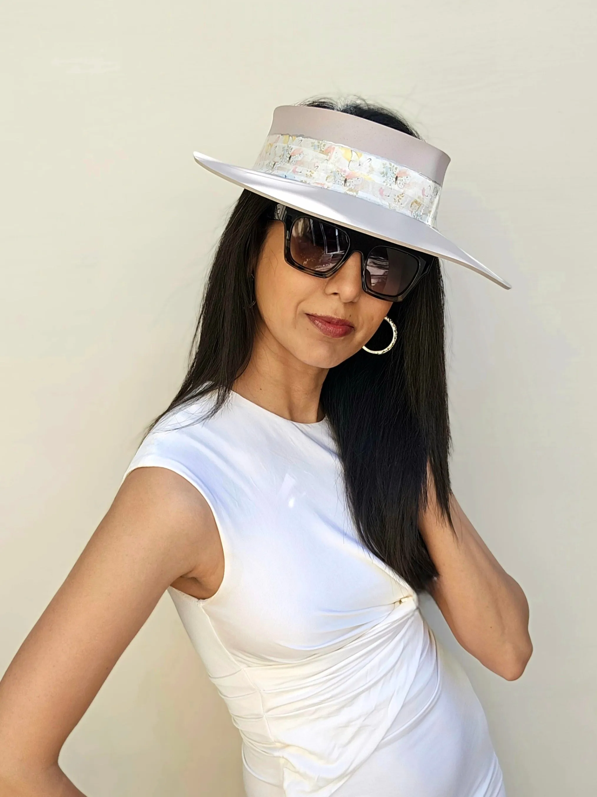 Light Pink "LadyEVA" Visor Hat with Pastel Floral and Butterfly Band