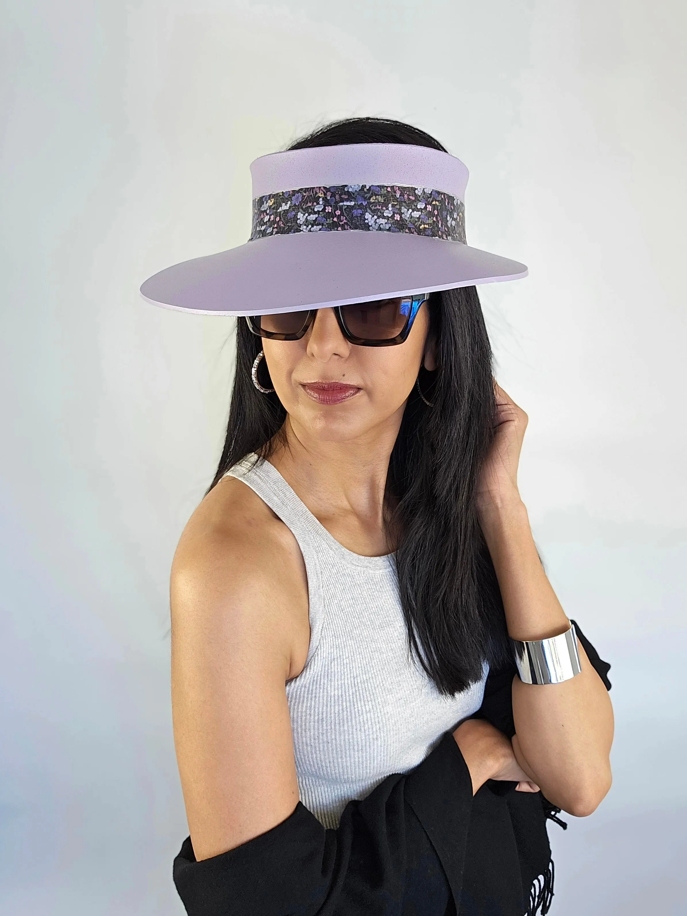 Lilac Purple "LadyEVA" Visor Hat with Black and Multicolor Floral Band