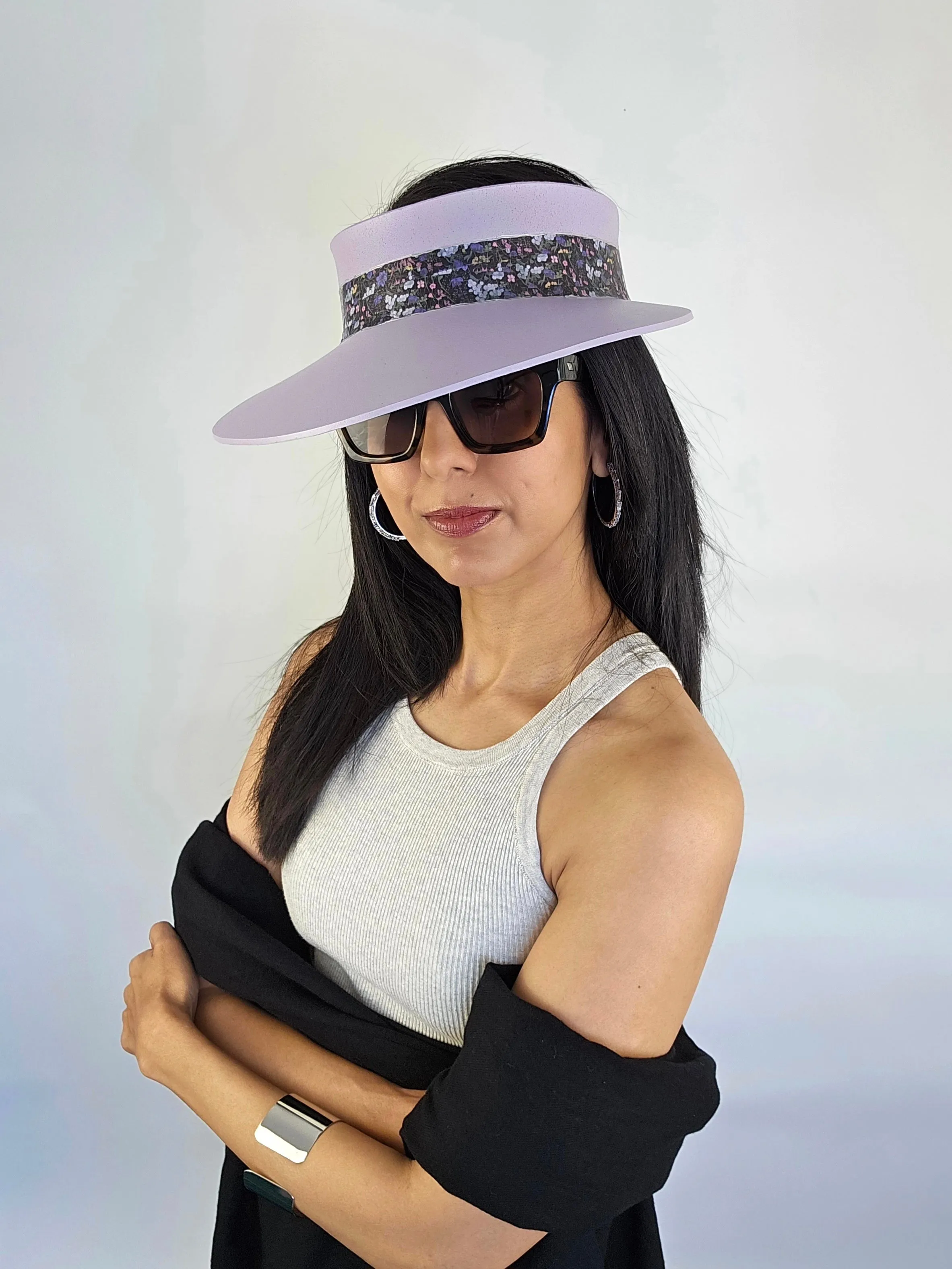 Lilac Purple "LadyEVA" Visor Hat with Black and Multicolor Floral Band