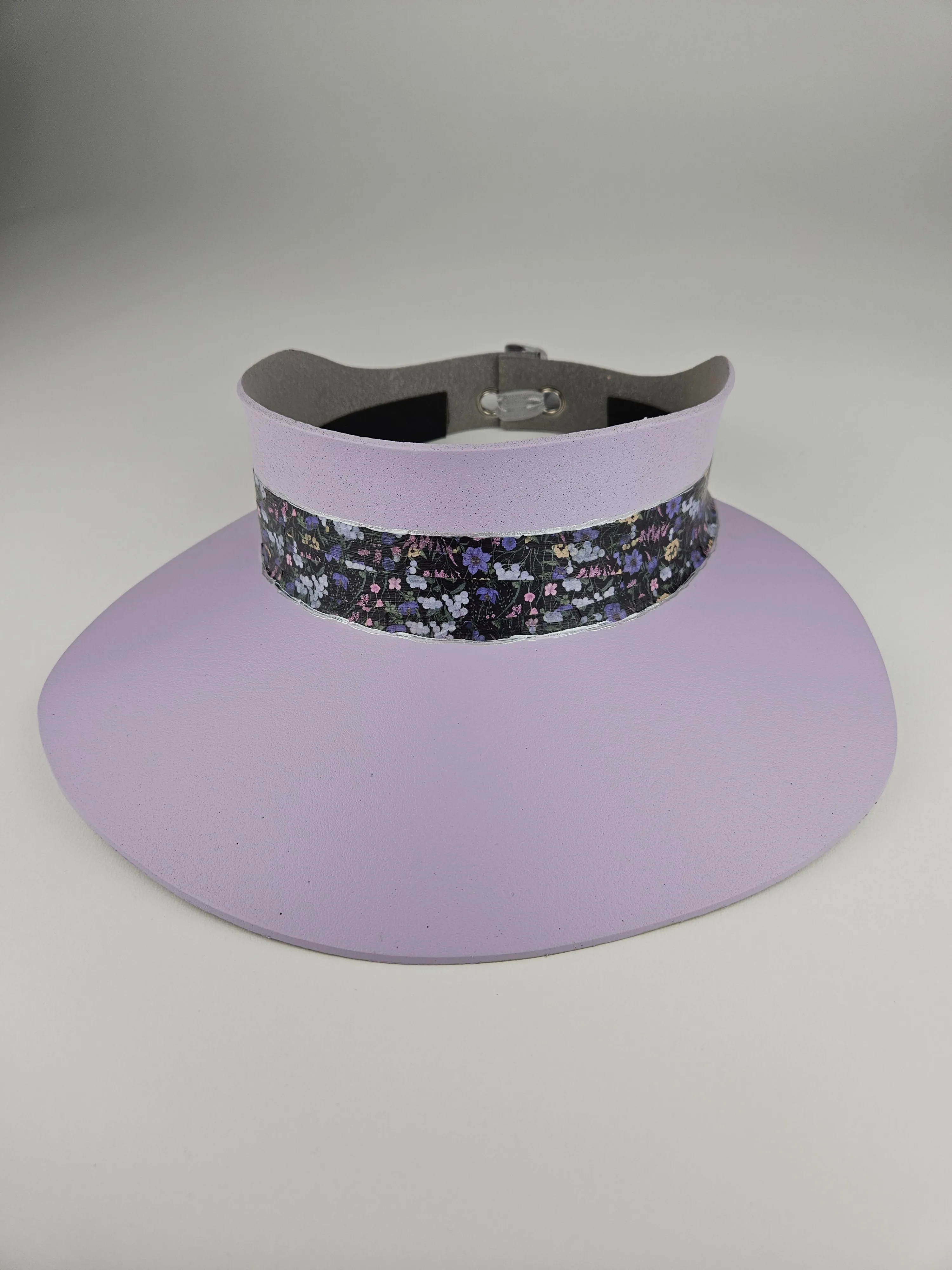 Lilac Purple "LadyEVA" Visor Hat with Black and Multicolor Floral Band