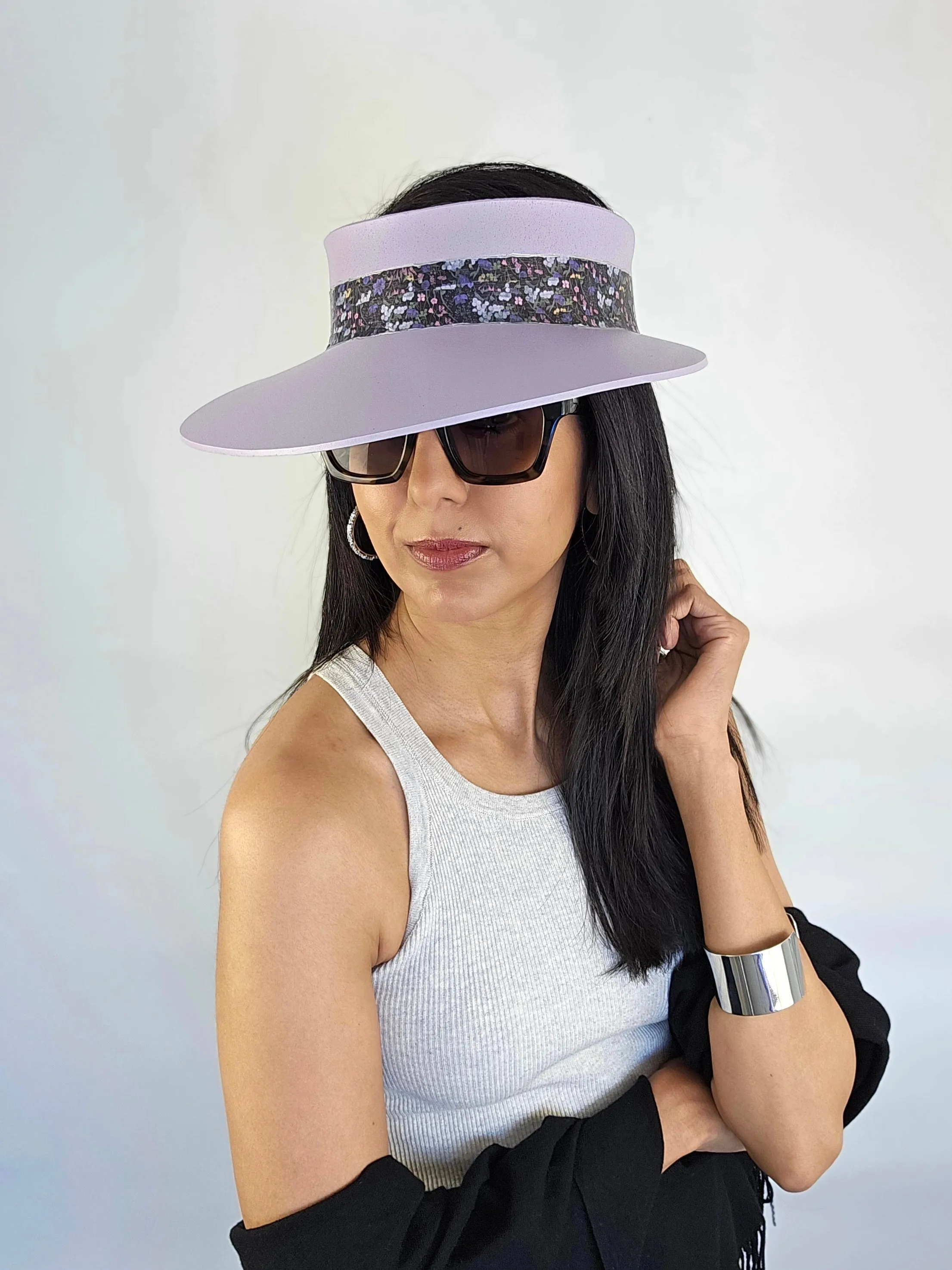 Lilac Purple "LadyEVA" Visor Hat with Black and Multicolor Floral Band