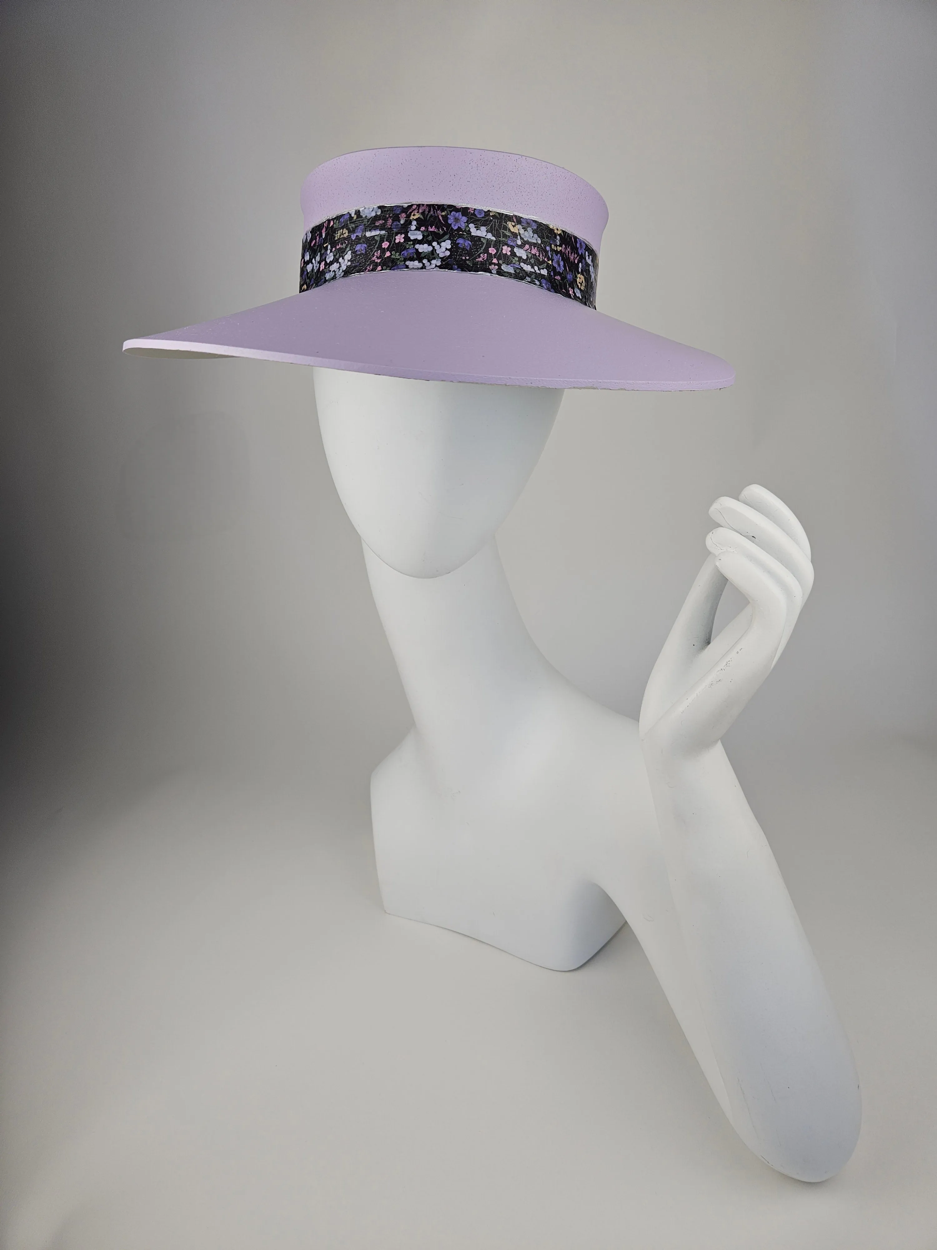 Lilac Purple "LadyEVA" Visor Hat with Black and Multicolor Floral Band