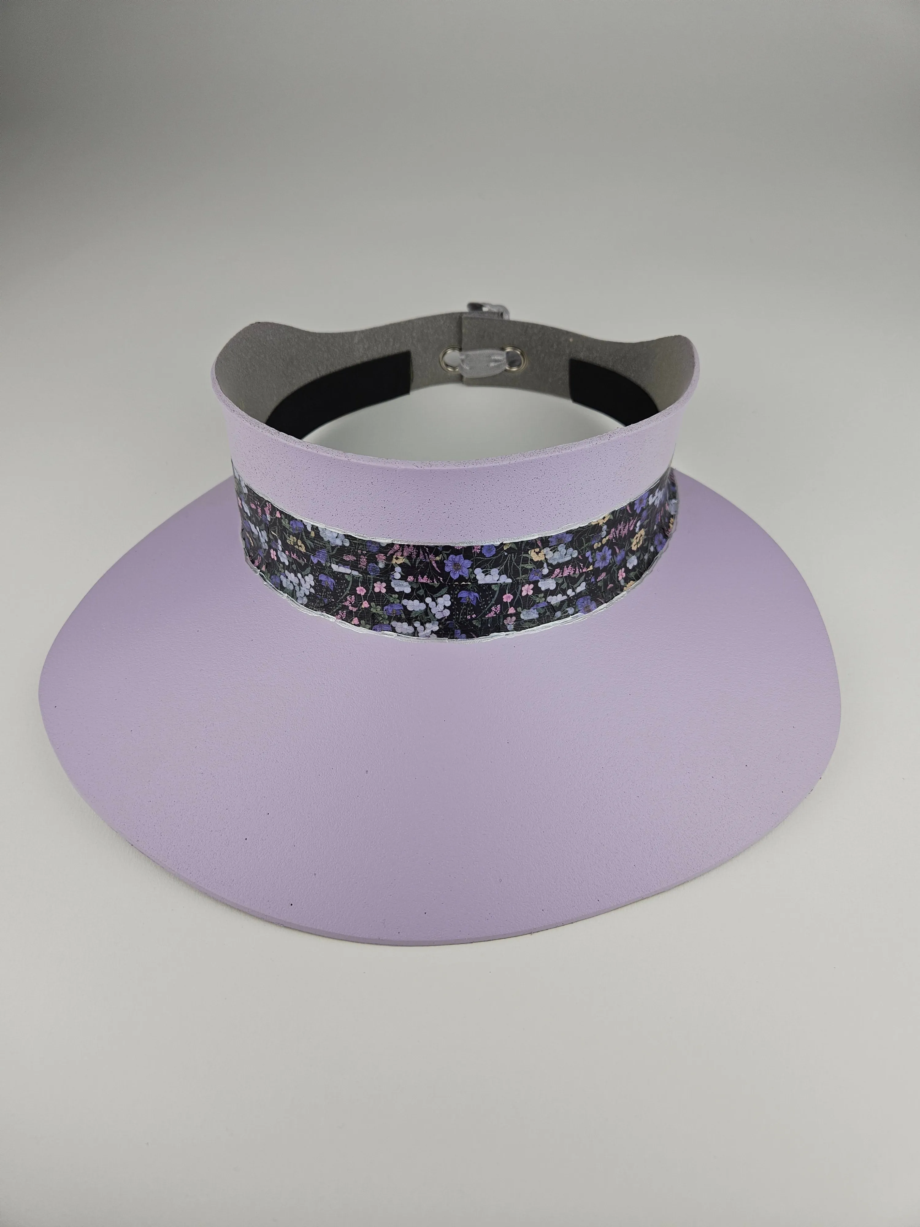 Lilac Purple "LadyEVA" Visor Hat with Black and Multicolor Floral Band