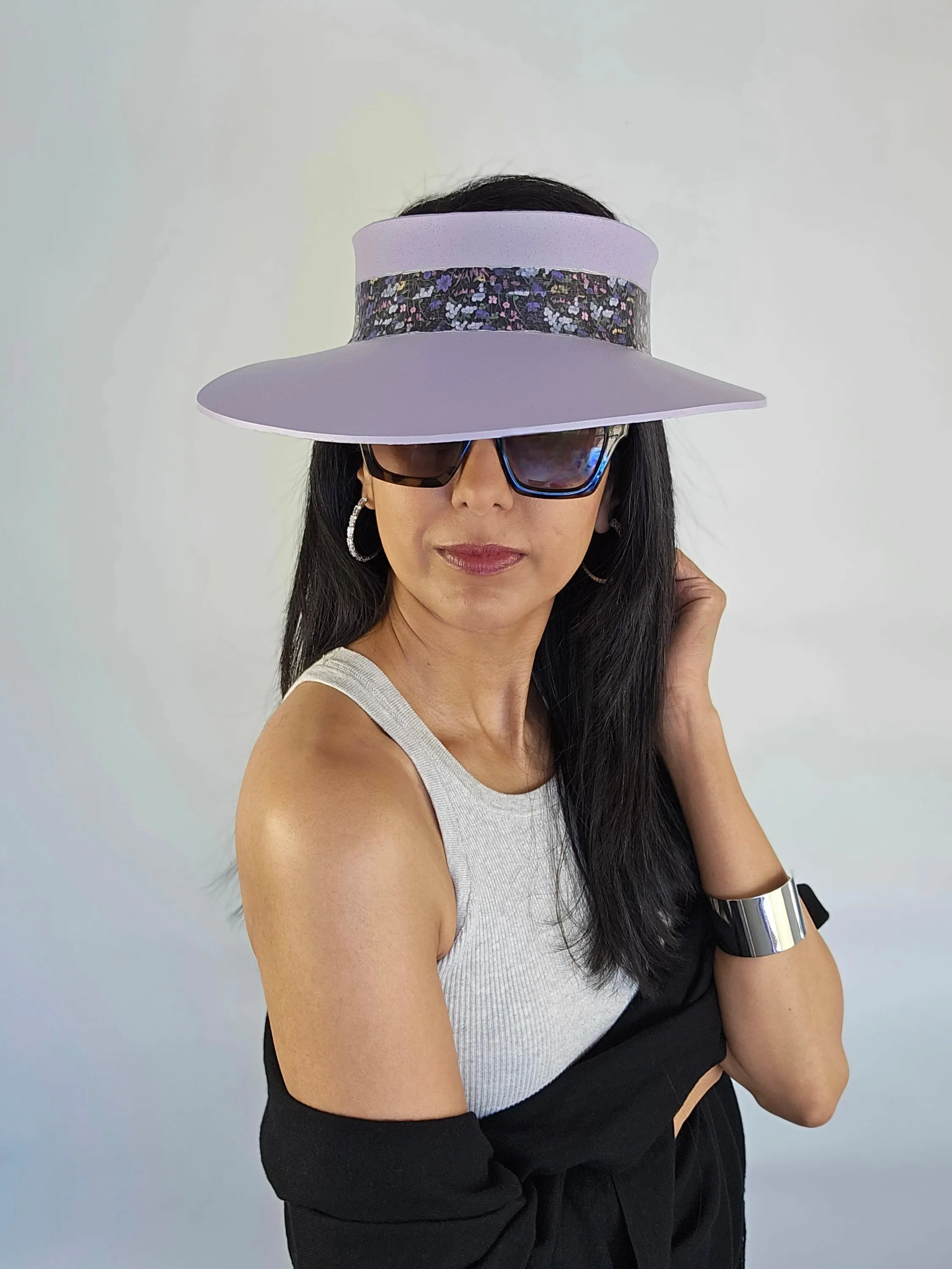 Lilac Purple "LadyEVA" Visor Hat with Black and Multicolor Floral Band