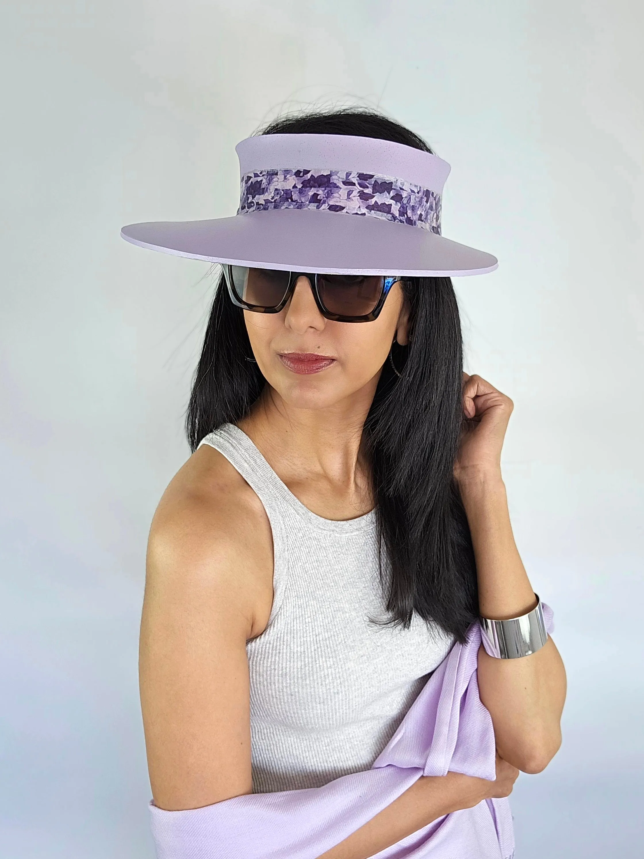 Lilac Purple "LadyEVA" Visor Hat with Dark Purple Floral Band