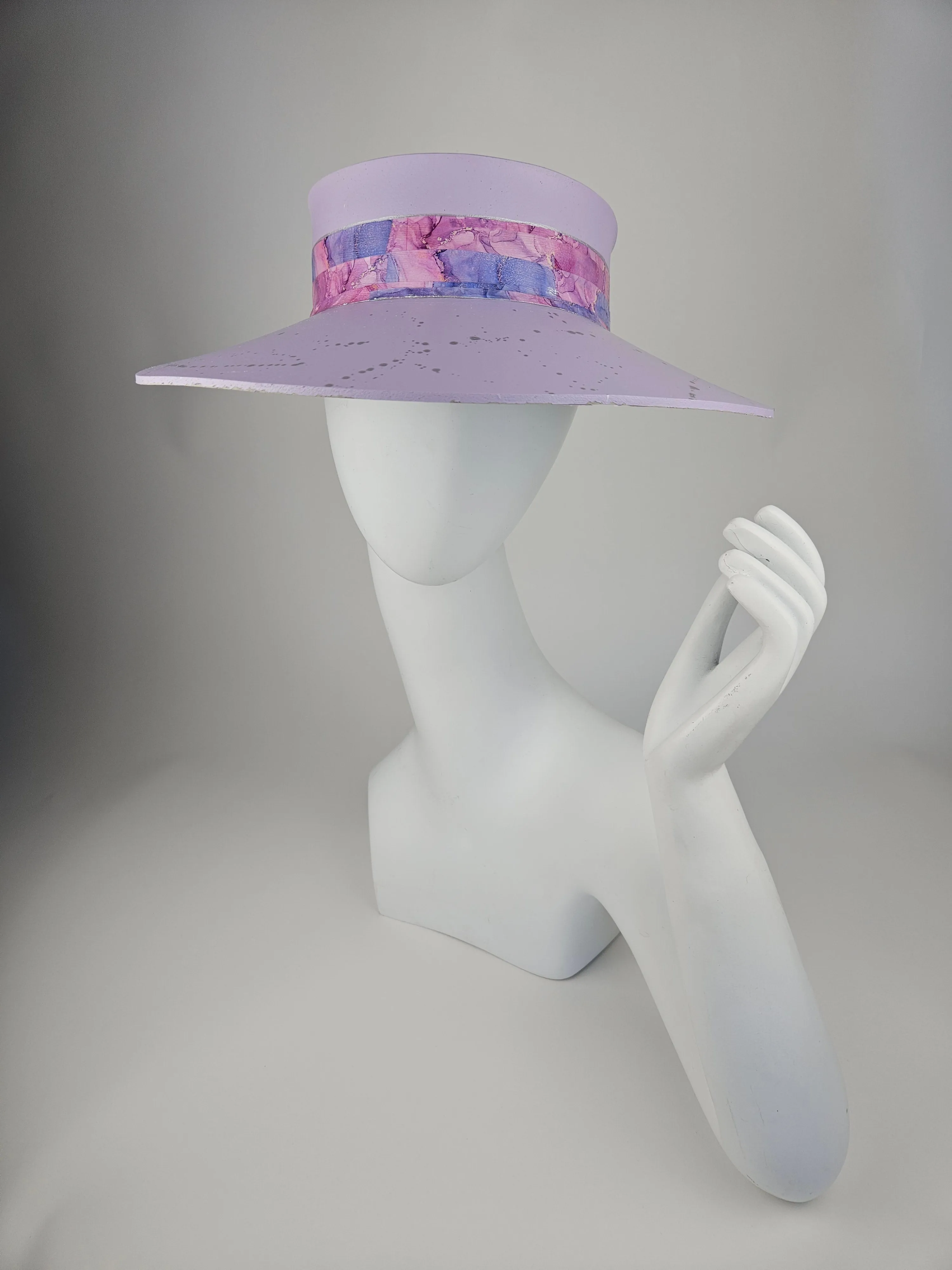 Lilac Purple "LadyEVA" Visor Hat with Multicolor Marbled Band and Silver Paint Splatter Effect