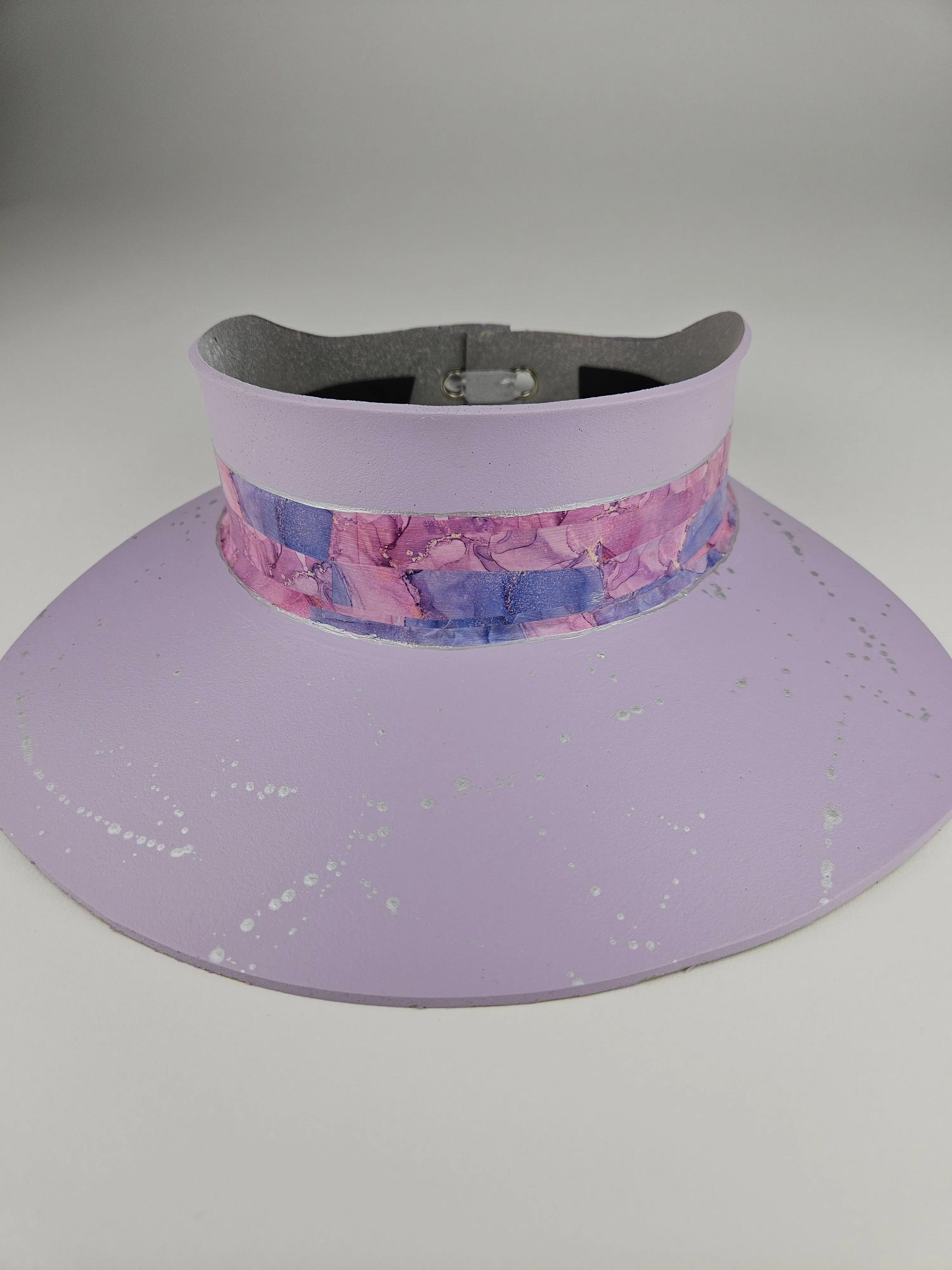 Lilac Purple "LadyEVA" Visor Hat with Multicolor Marbled Band and Silver Paint Splatter Effect