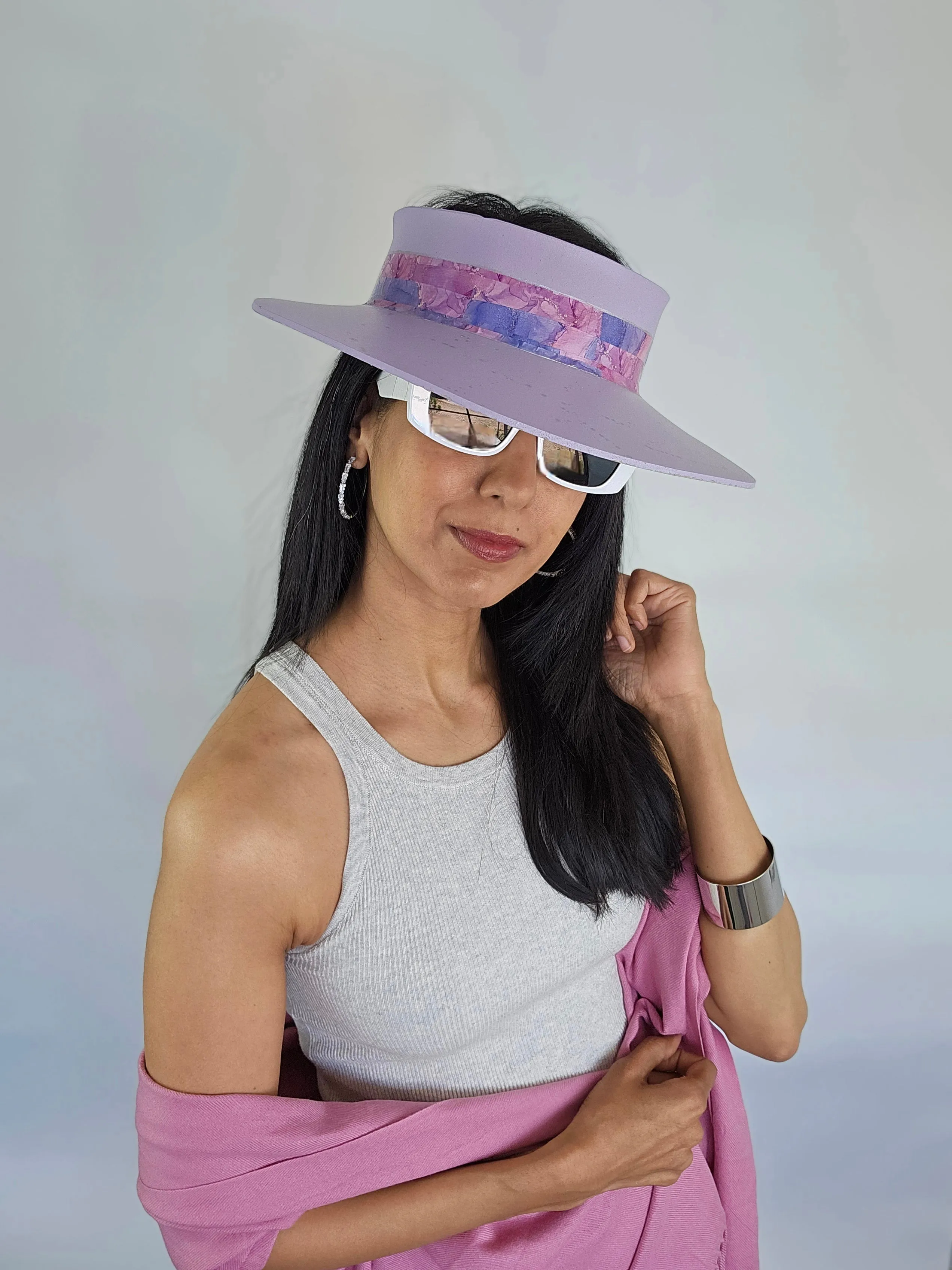 Lilac Purple "LadyEVA" Visor Hat with Multicolor Marbled Band and Silver Paint Splatter Effect