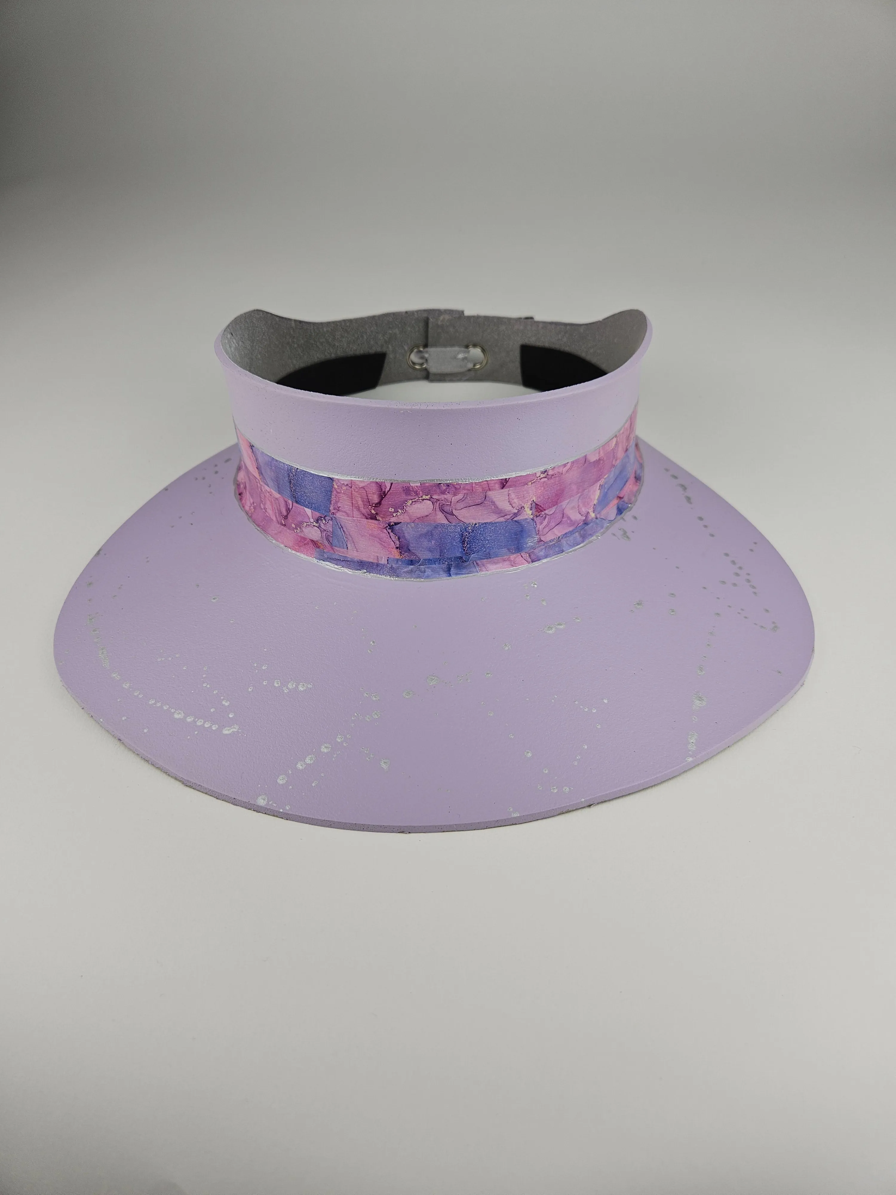 Lilac Purple "LadyEVA" Visor Hat with Multicolor Marbled Band and Silver Paint Splatter Effect