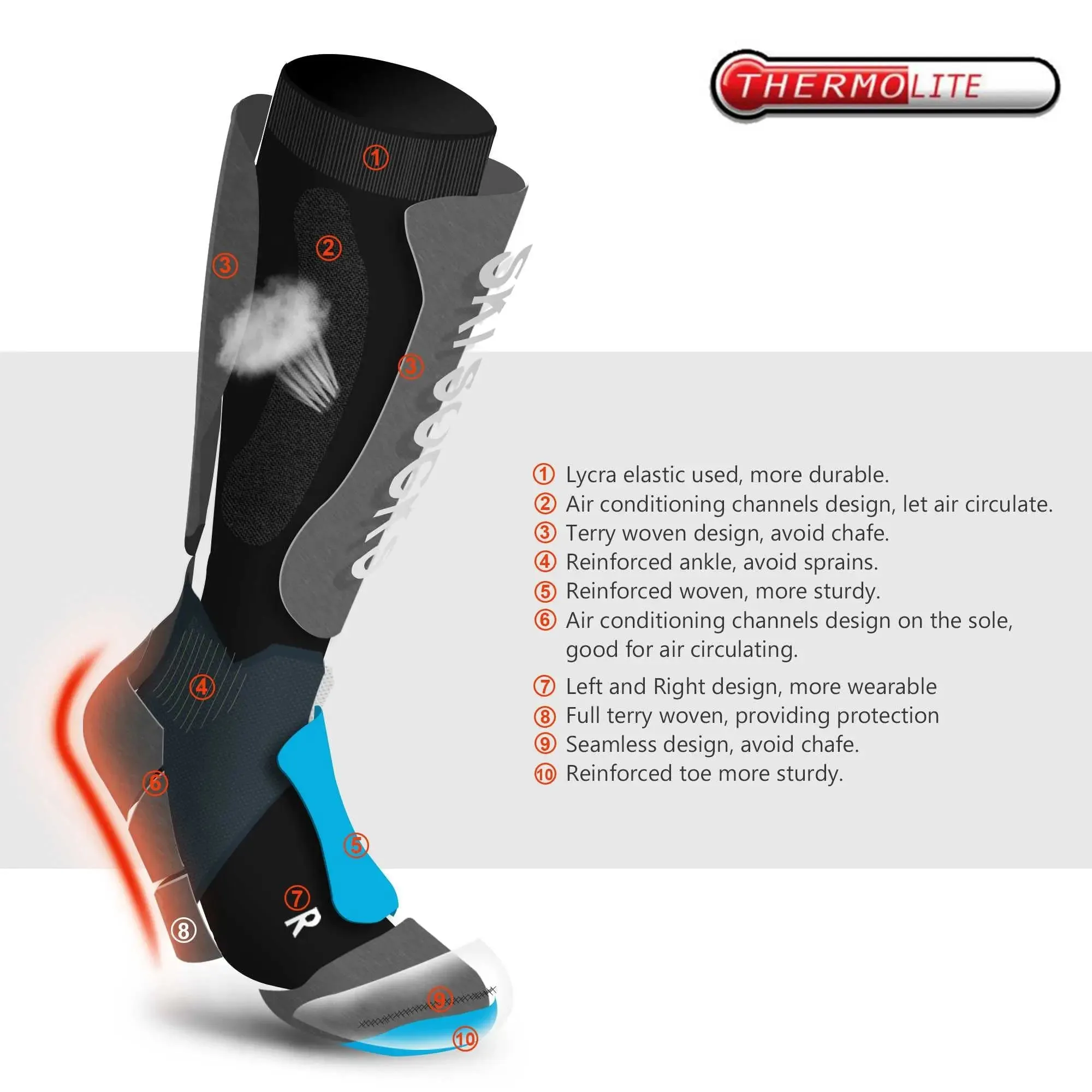 MCTi Ski Socks Winter Thermal Thermolite OTC Knee High Snowboard Socks for Men Women (1 Pair / 2 Pairs)