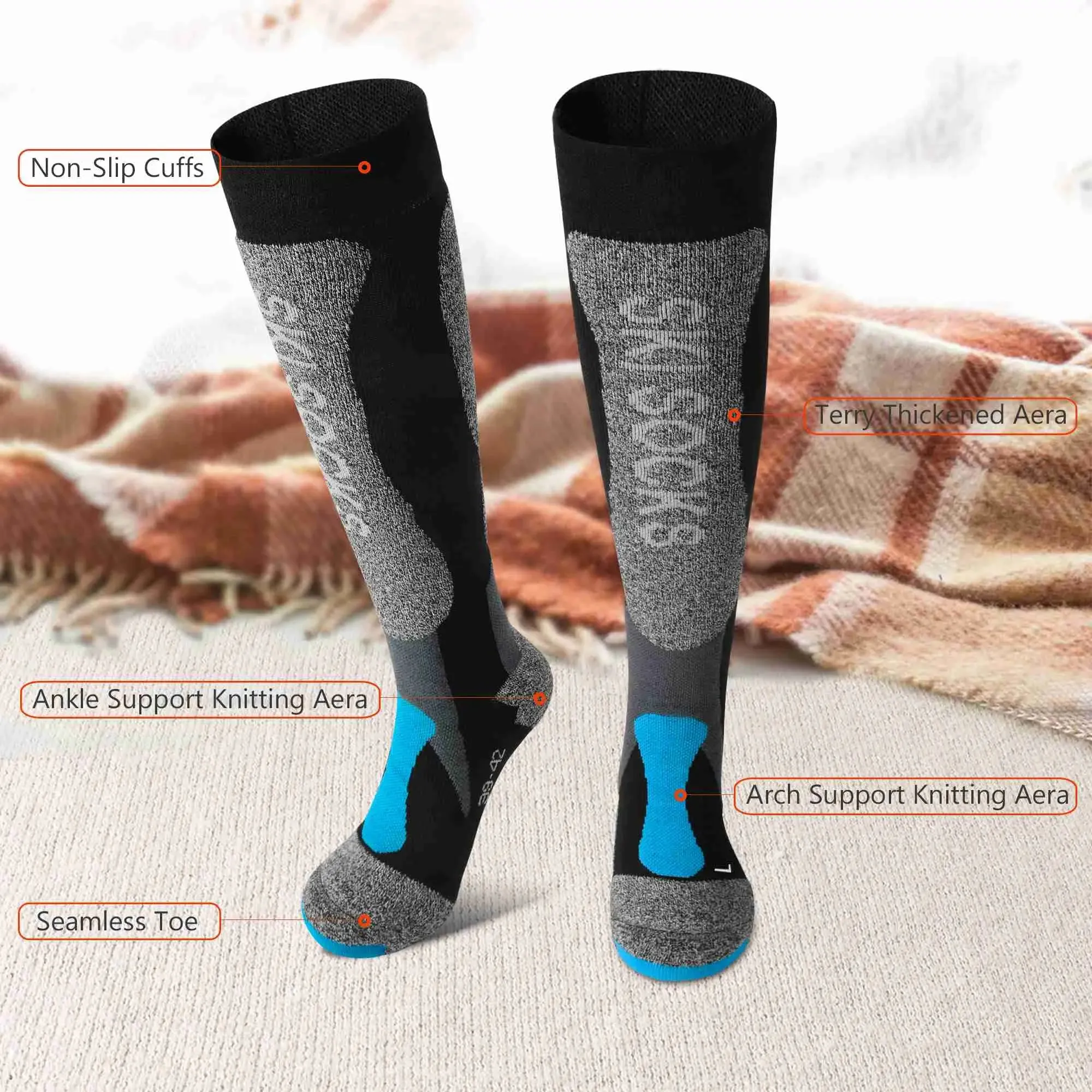 MCTi Ski Socks Winter Thermal Thermolite OTC Knee High Snowboard Socks for Men Women (1 Pair / 2 Pairs)