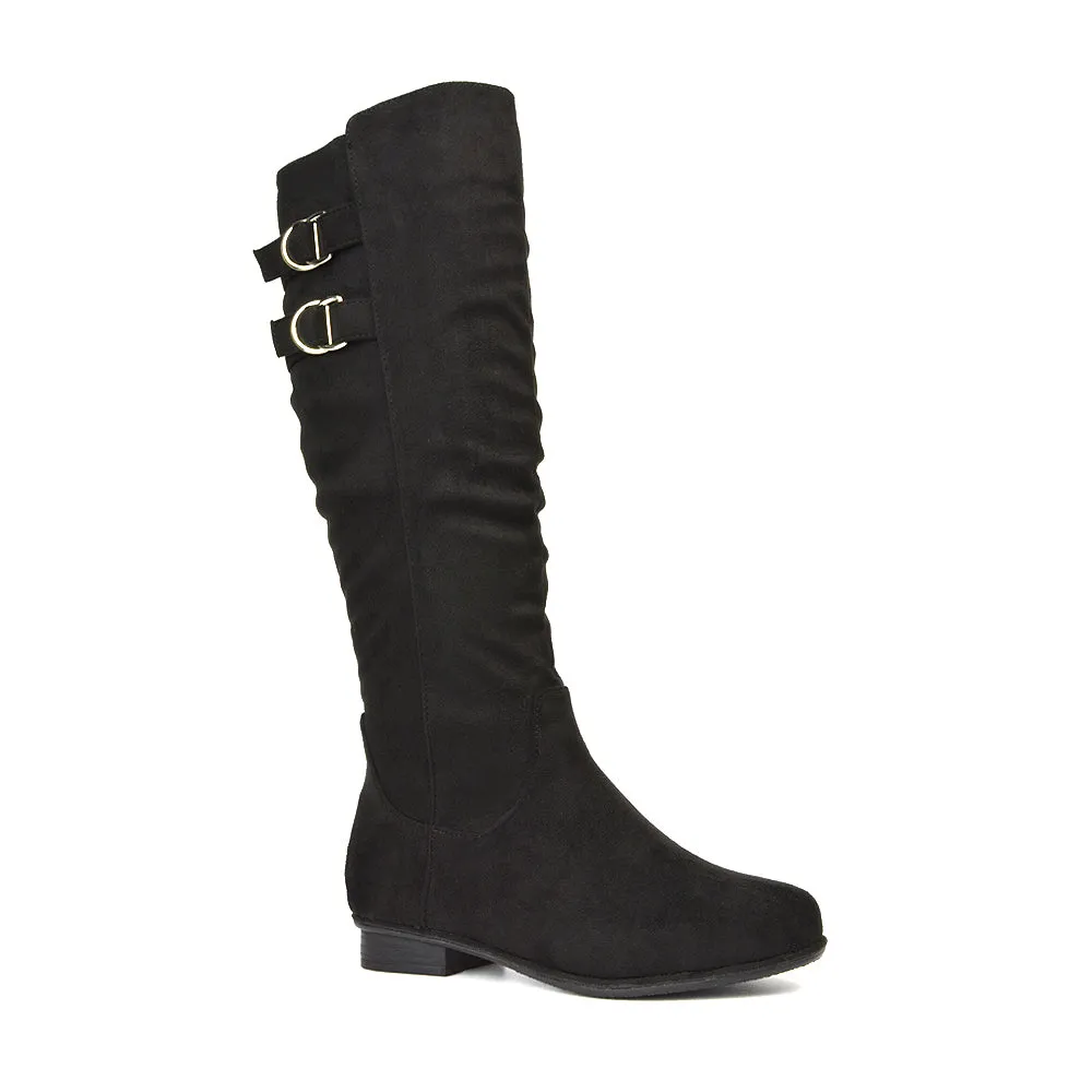 Mia Women's Slouchy Flat Heel Knee High Boots With Buckle Detail in Black Synthetic Leather