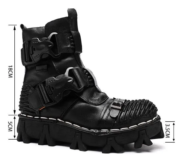 Motorcycle Biker Rock Punk Gothic Style Boots FWMB008D Cowhide Leather Black Size 38-50