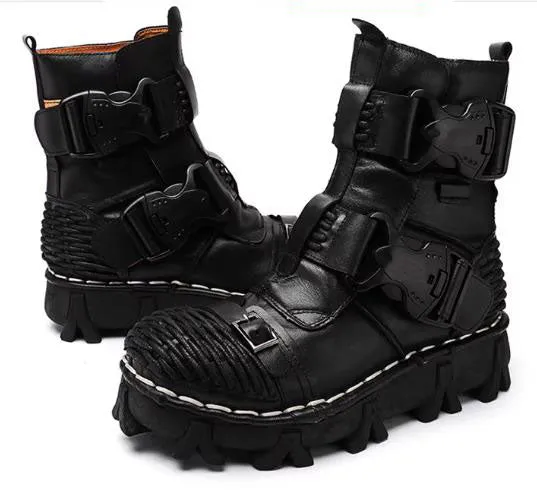 Motorcycle Biker Rock Punk Gothic Style Boots FWMB008D Cowhide Leather Black Size 38-50