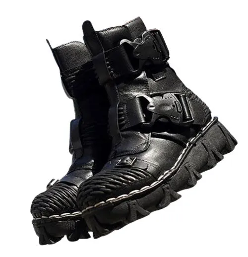 Motorcycle Biker Rock Punk Gothic Style Boots FWMB008D Cowhide Leather Black Size 38-50
