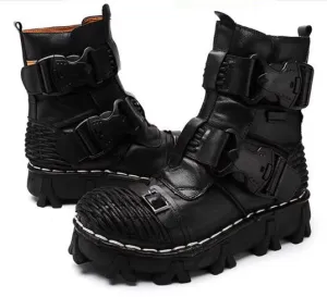 Motorcycle Biker Rock Punk Gothic Style Boots FWMB008D Cowhide Leather Black Size 38-50