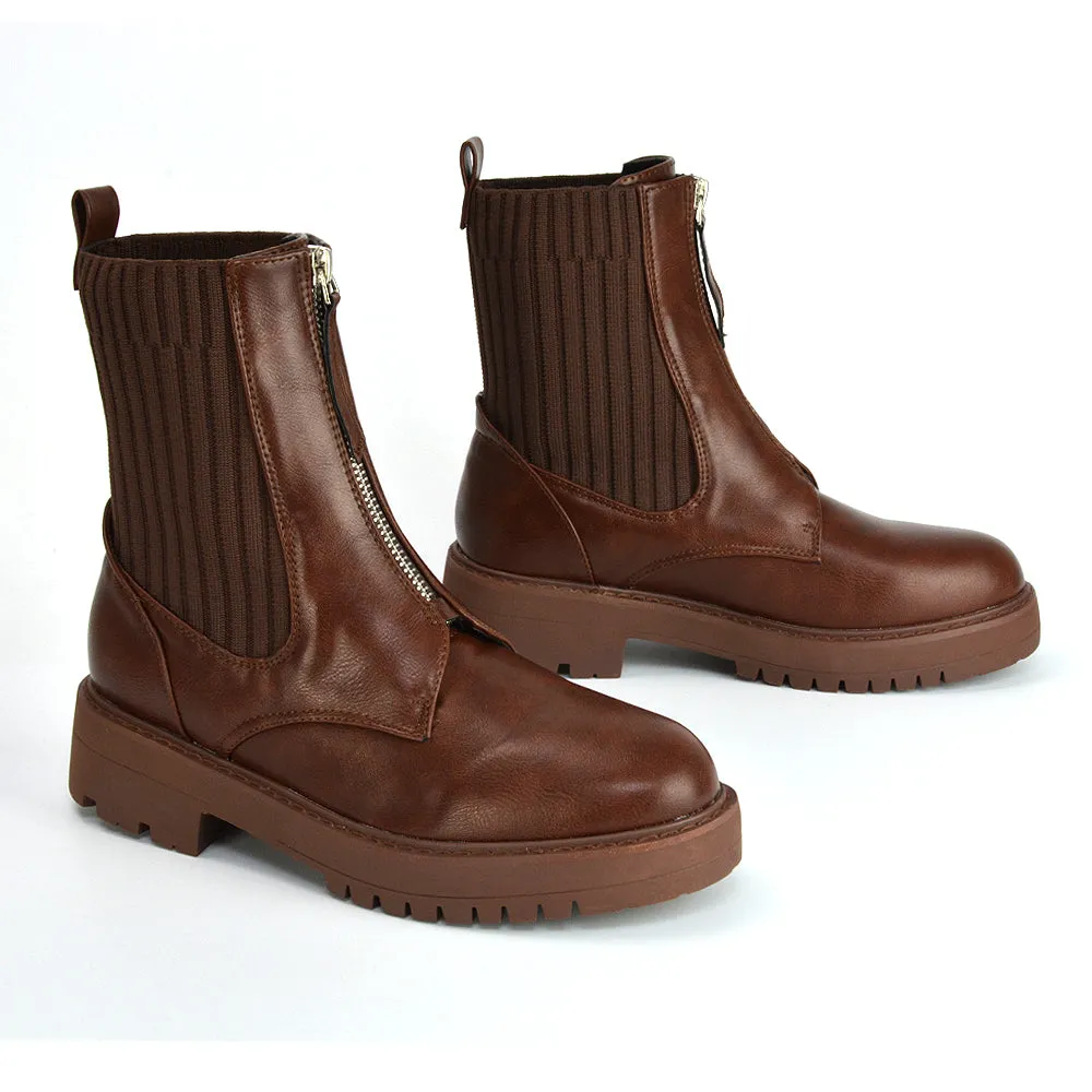 Nala Front Zip Up Chunky Sole Flat Biker Knitted Sock Ankle Boots in White Synthetic Leather