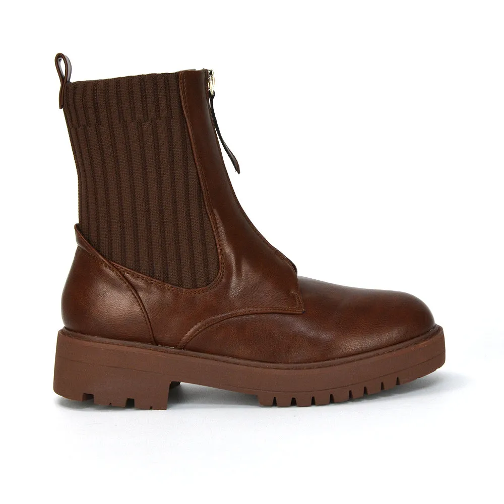 Nala Front Zip Up Chunky Sole Flat Biker Knitted Sock Ankle Boots in White Synthetic Leather