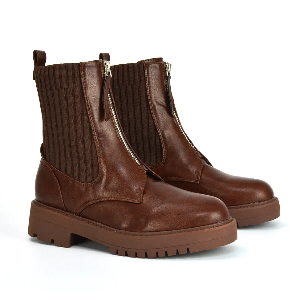 Nala Front Zip Up Chunky Sole Flat Biker Knitted Sock Ankle Boots in White Synthetic Leather