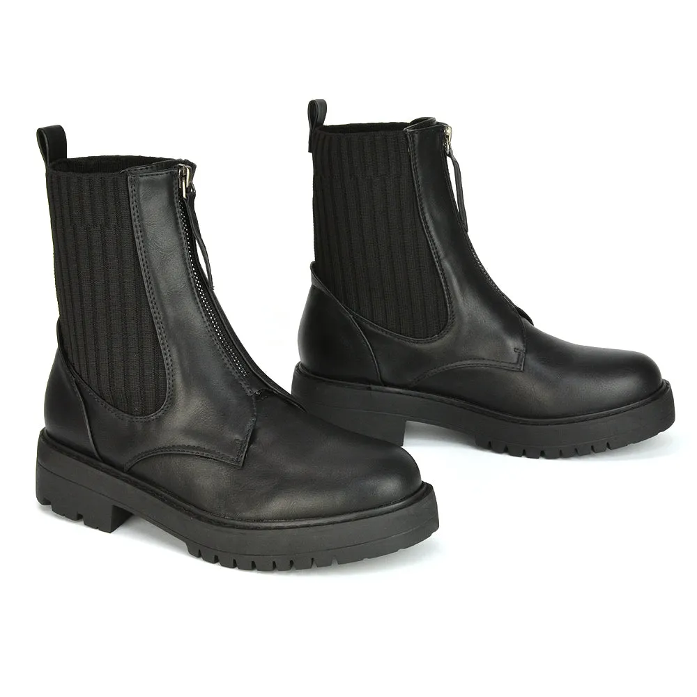 Nala Front Zip Up Chunky Sole Flat Biker Knitted Sock Ankle Boots in White Synthetic Leather
