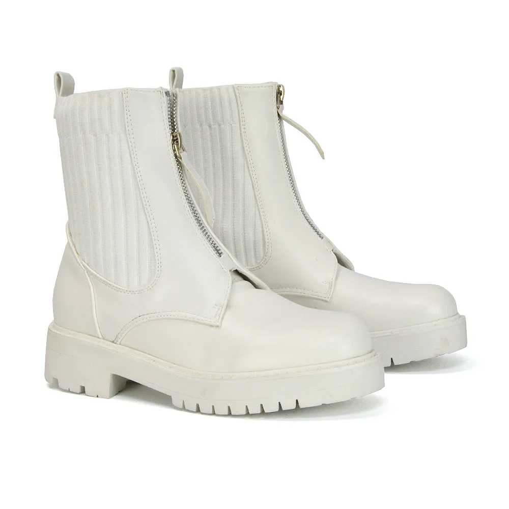 Nala Front Zip Up Chunky Sole Flat Biker Knitted Sock Ankle Boots in White Synthetic Leather