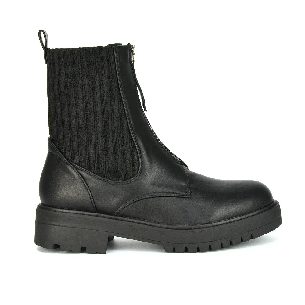 Nala Front Zip Up Chunky Sole Flat Biker Knitted Sock Ankle Boots in White Synthetic Leather