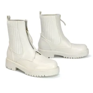 Nala Front Zip Up Chunky Sole Flat Biker Knitted Sock Ankle Boots in White Synthetic Leather