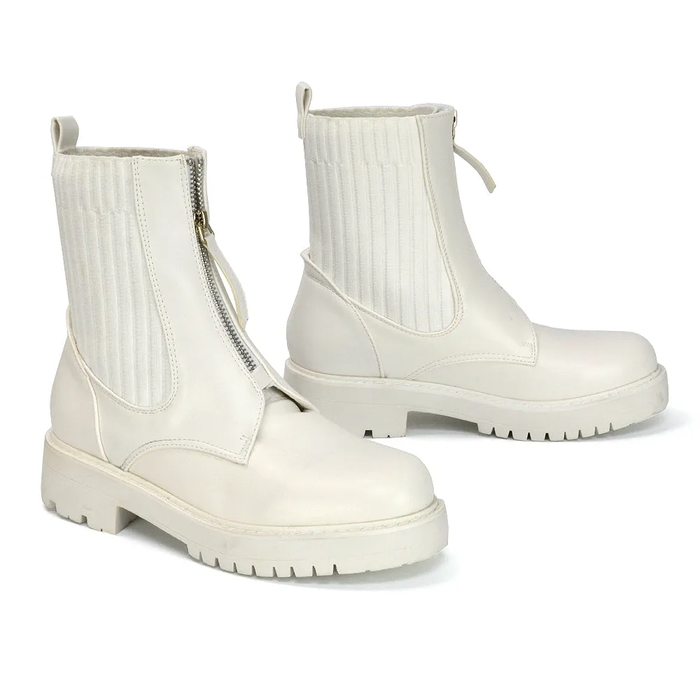 Nala Front Zip Up Chunky Sole Flat Biker Knitted Sock Ankle Boots in White Synthetic Leather
