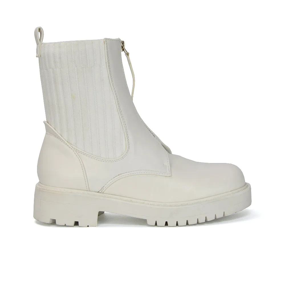 Nala Front Zip Up Chunky Sole Flat Biker Knitted Sock Ankle Boots in White Synthetic Leather