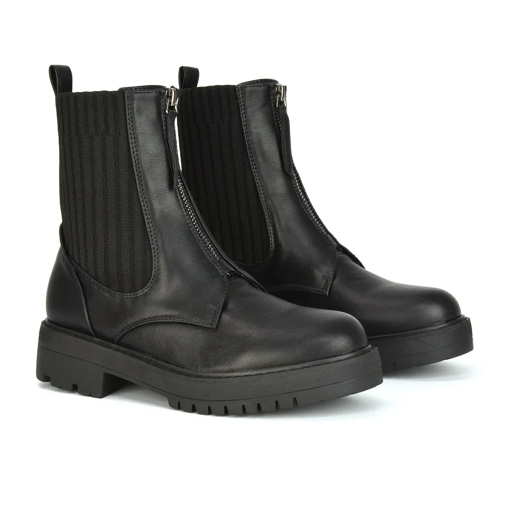 Nala Front Zip Up Chunky Sole Flat Biker Knitted Sock Ankle Boots in White Synthetic Leather